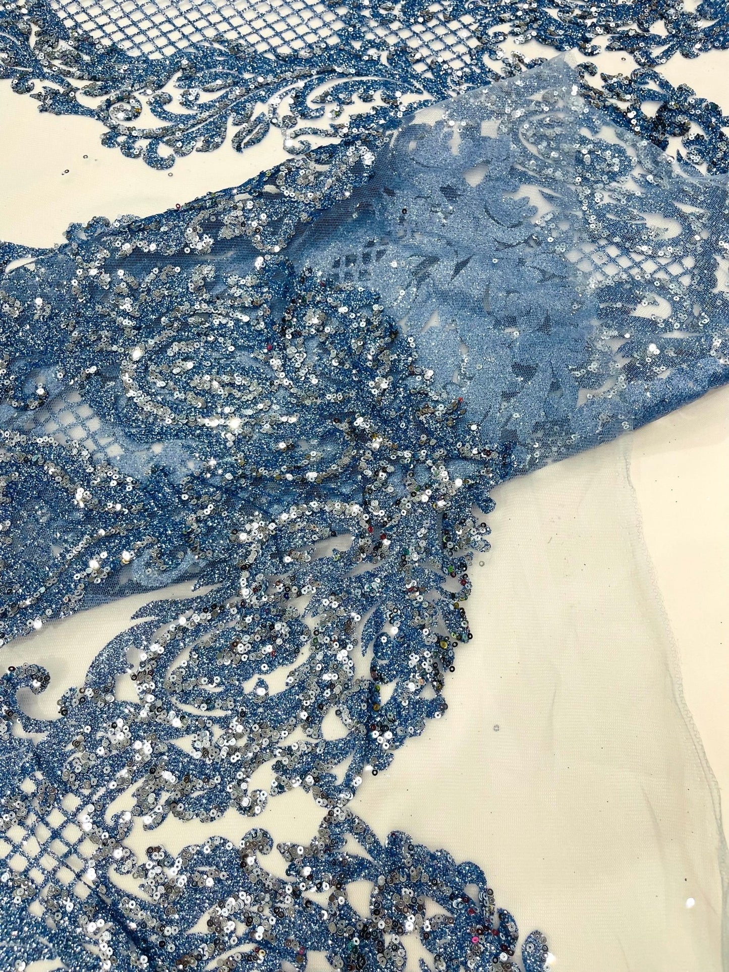 Glitter Tower Damask Design Fabric| 58” Wide| Quinsiañera Dresses. - New Creations Fabric & Foam Inc