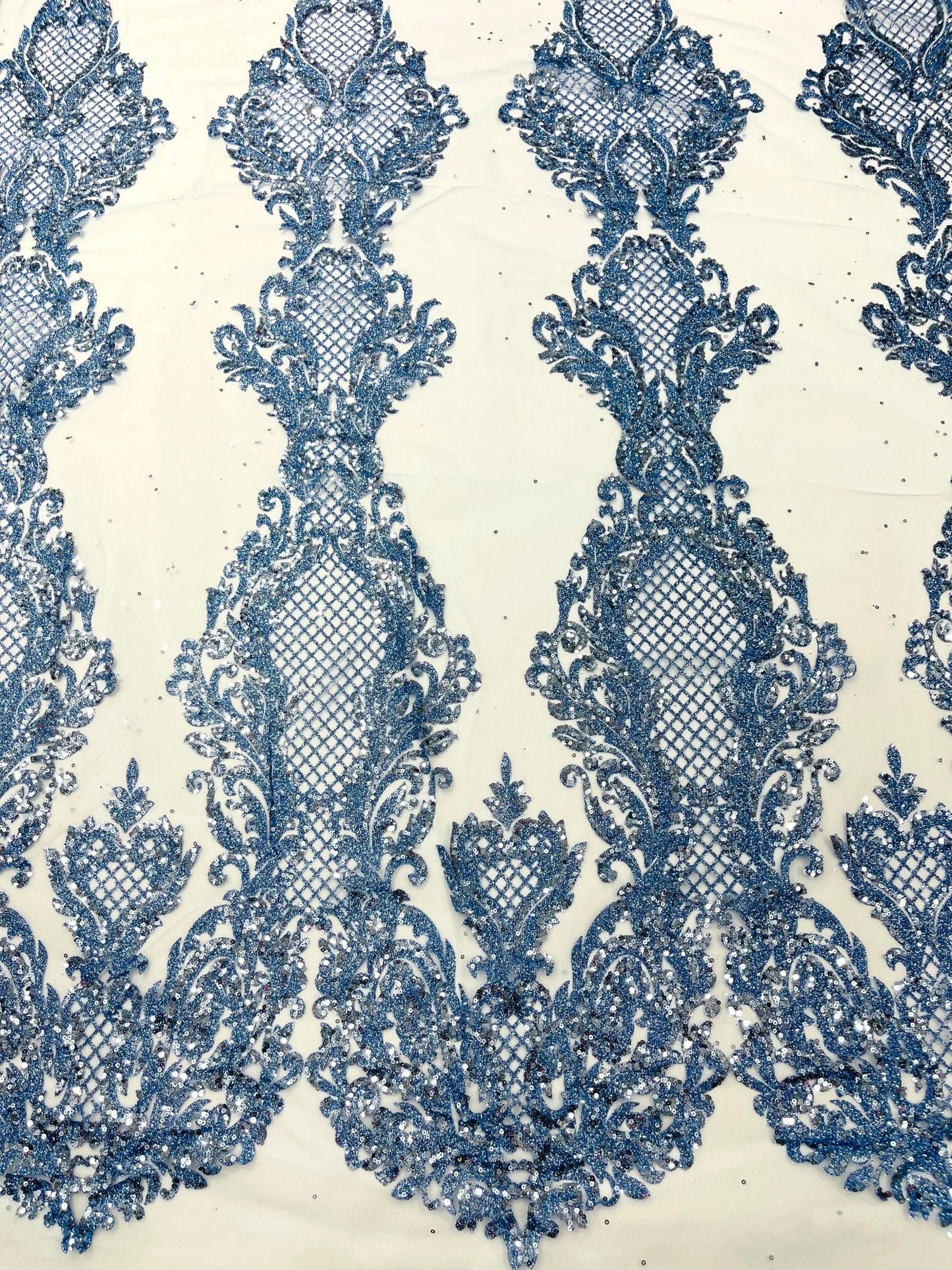 Glitter Tower Damask Design Fabric| 58” Wide| Quinsiañera Dresses. - New Creations Fabric & Foam Inc