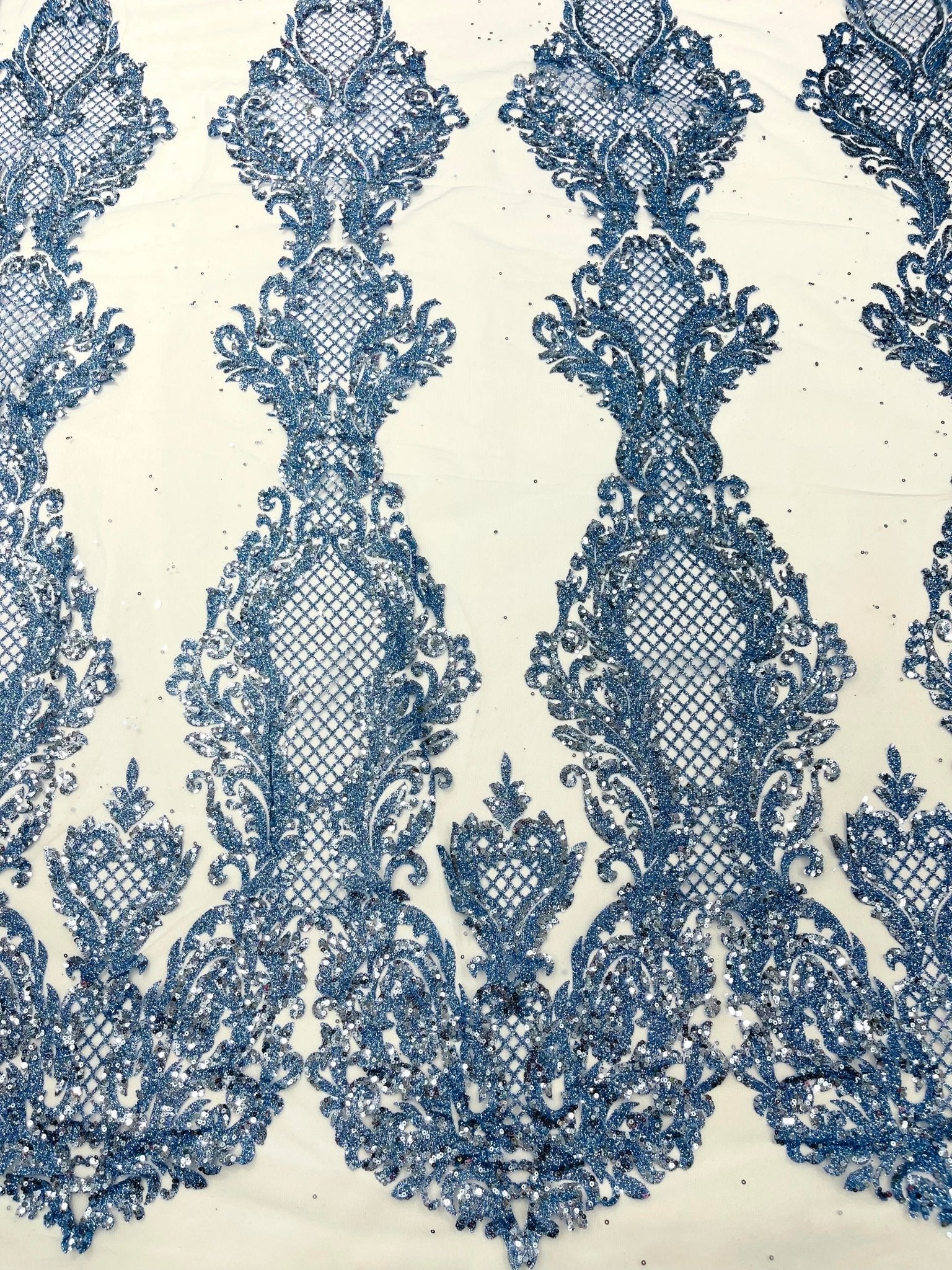 Glitter Tower Damask Design Fabric| 58” Wide| Quinsiañera Dresses. - New Creations Fabric & Foam Inc