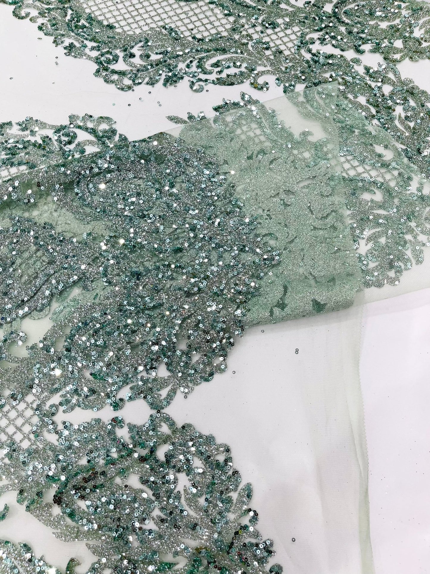 Glitter Tower Damask Design Fabric| 58” Wide| Quinsiañera Dresses. - New Creations Fabric & Foam Inc