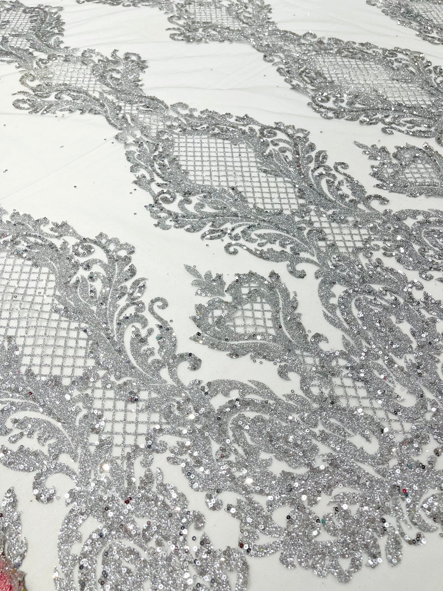 Glitter Tower Damask Design Fabric| 58” Wide| Quinsiañera Dresses. - New Creations Fabric & Foam Inc