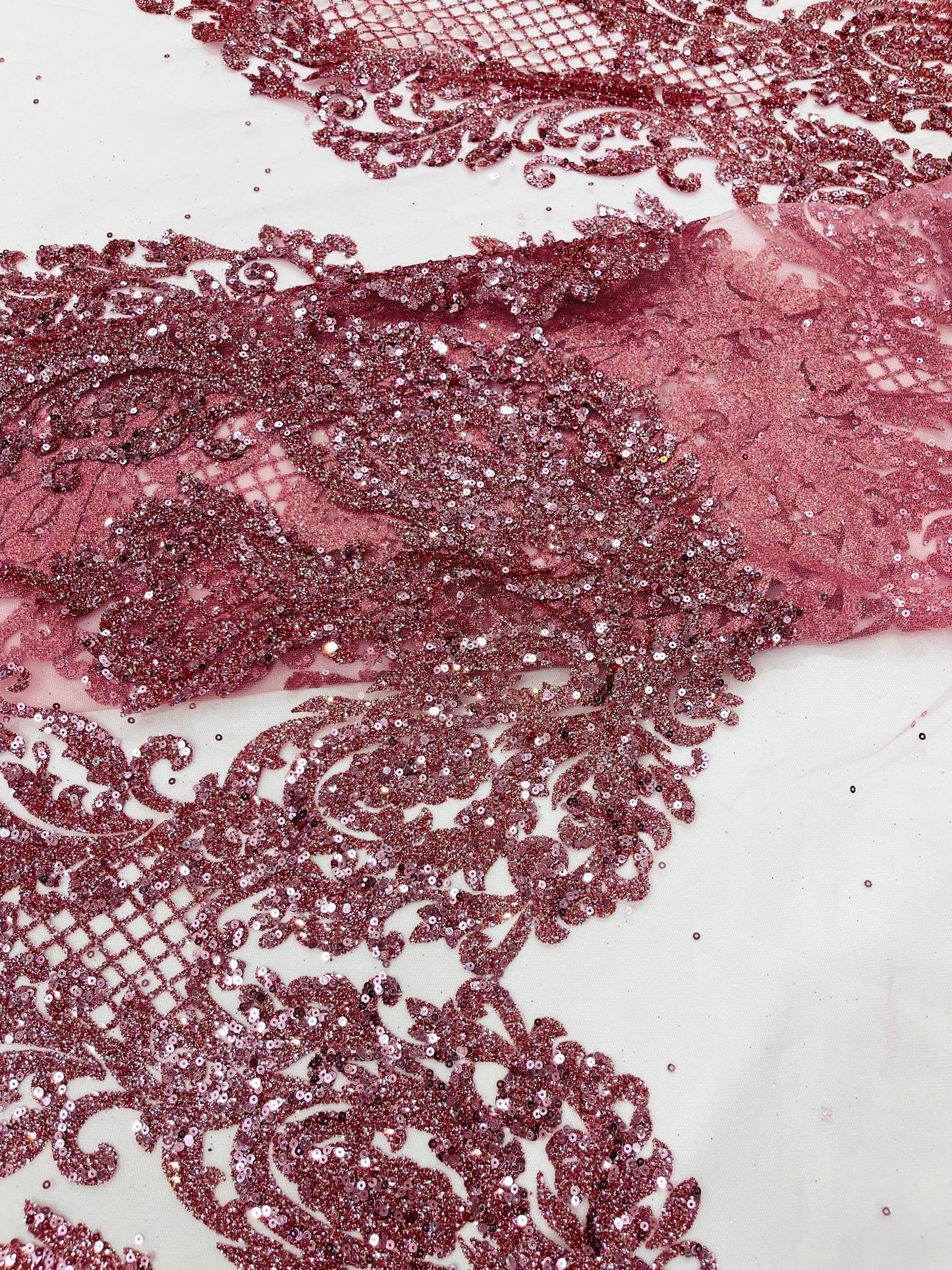Glitter Tower Damask Design Fabric| 58” Wide| Quinsiañera Dresses. - New Creations Fabric & Foam Inc