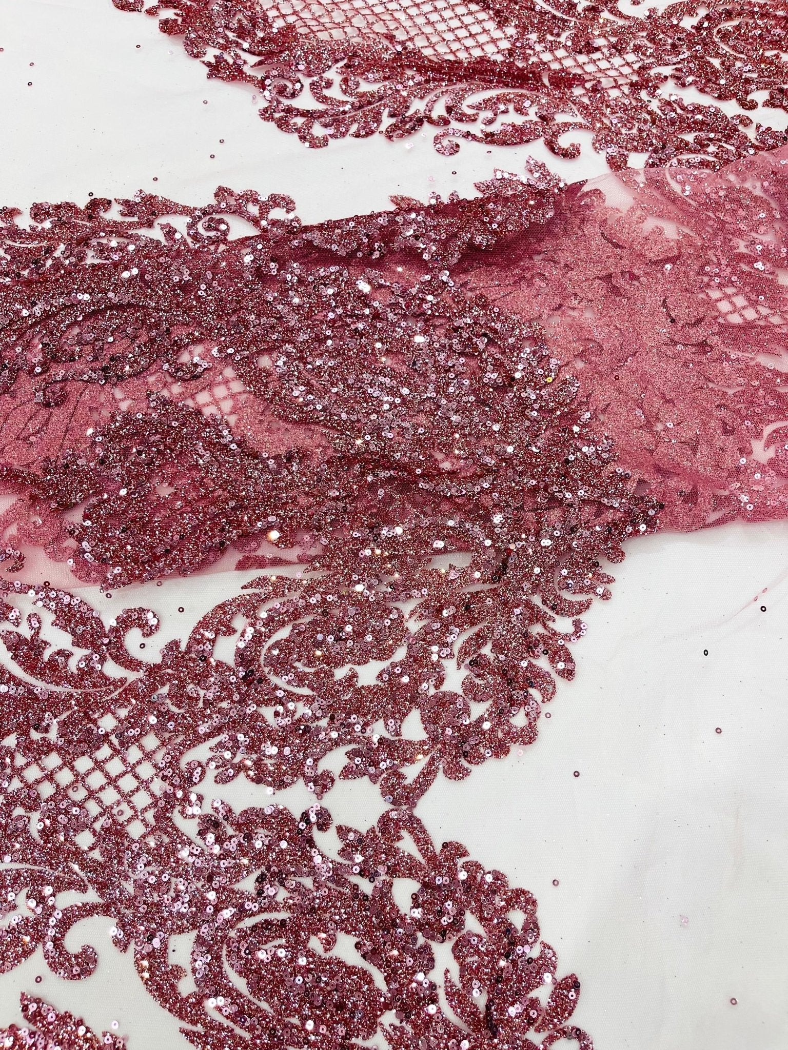 Glitter Tower Damask Design Fabric| 58” Wide| Quinsiañera Dresses. - New Creations Fabric & Foam Inc