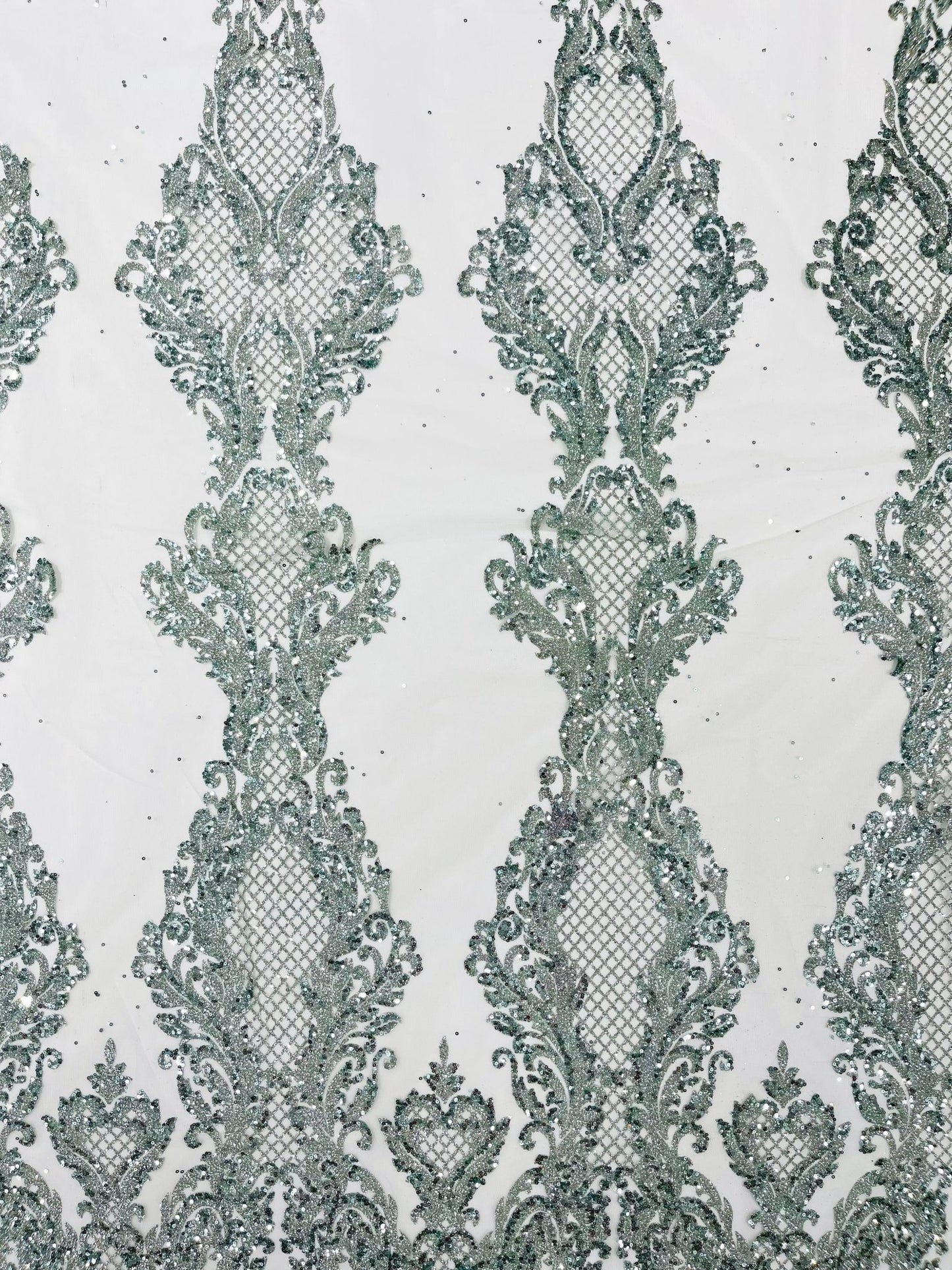 Glitter Tower Damask Design Fabric| 58” Wide| Quinsiañera Dresses. - New Creations Fabric & Foam Inc