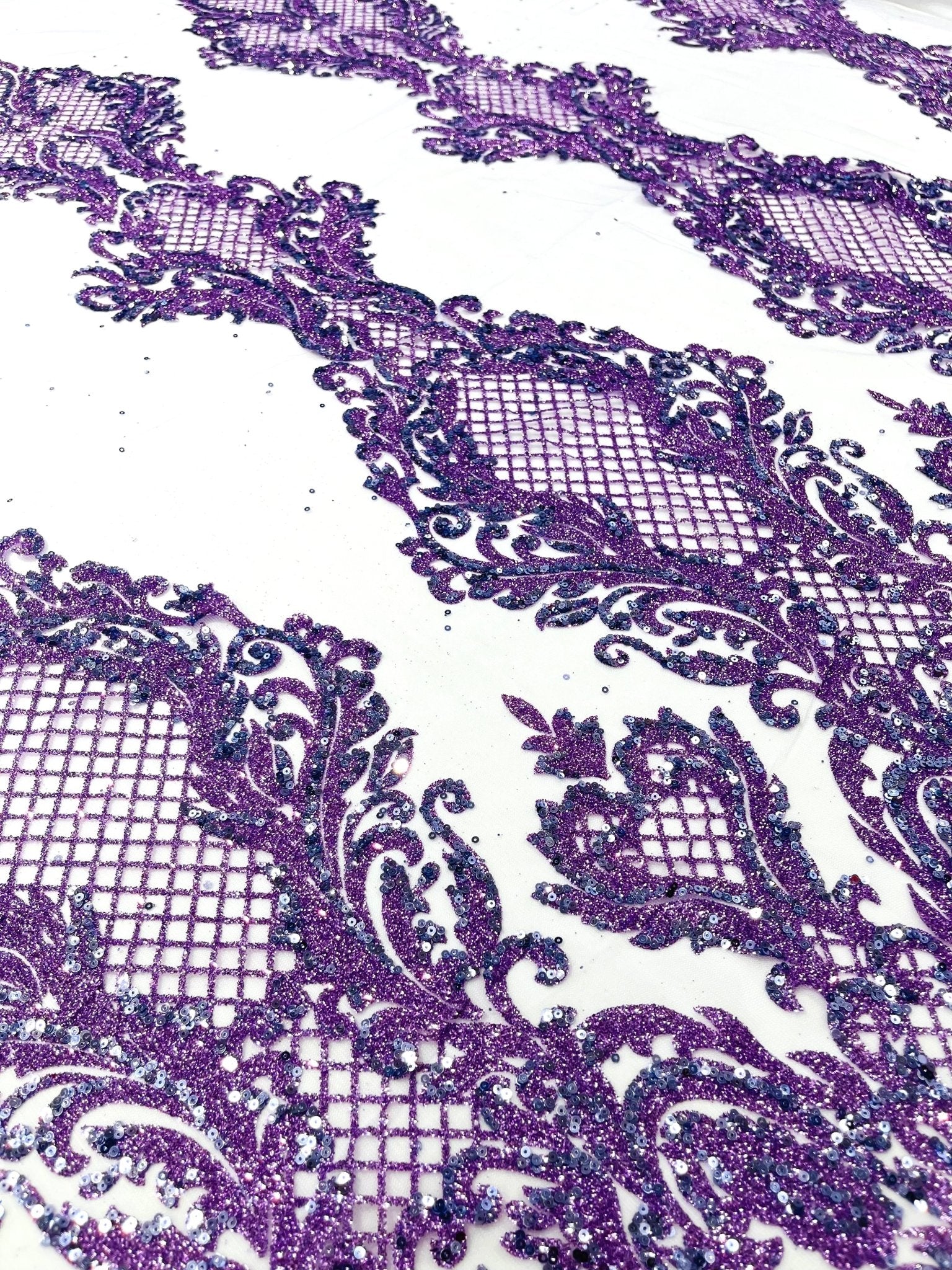 Glitter Tower Damask Design Fabric| 58” Wide| Quinsiañera Dresses. - New Creations Fabric & Foam Inc