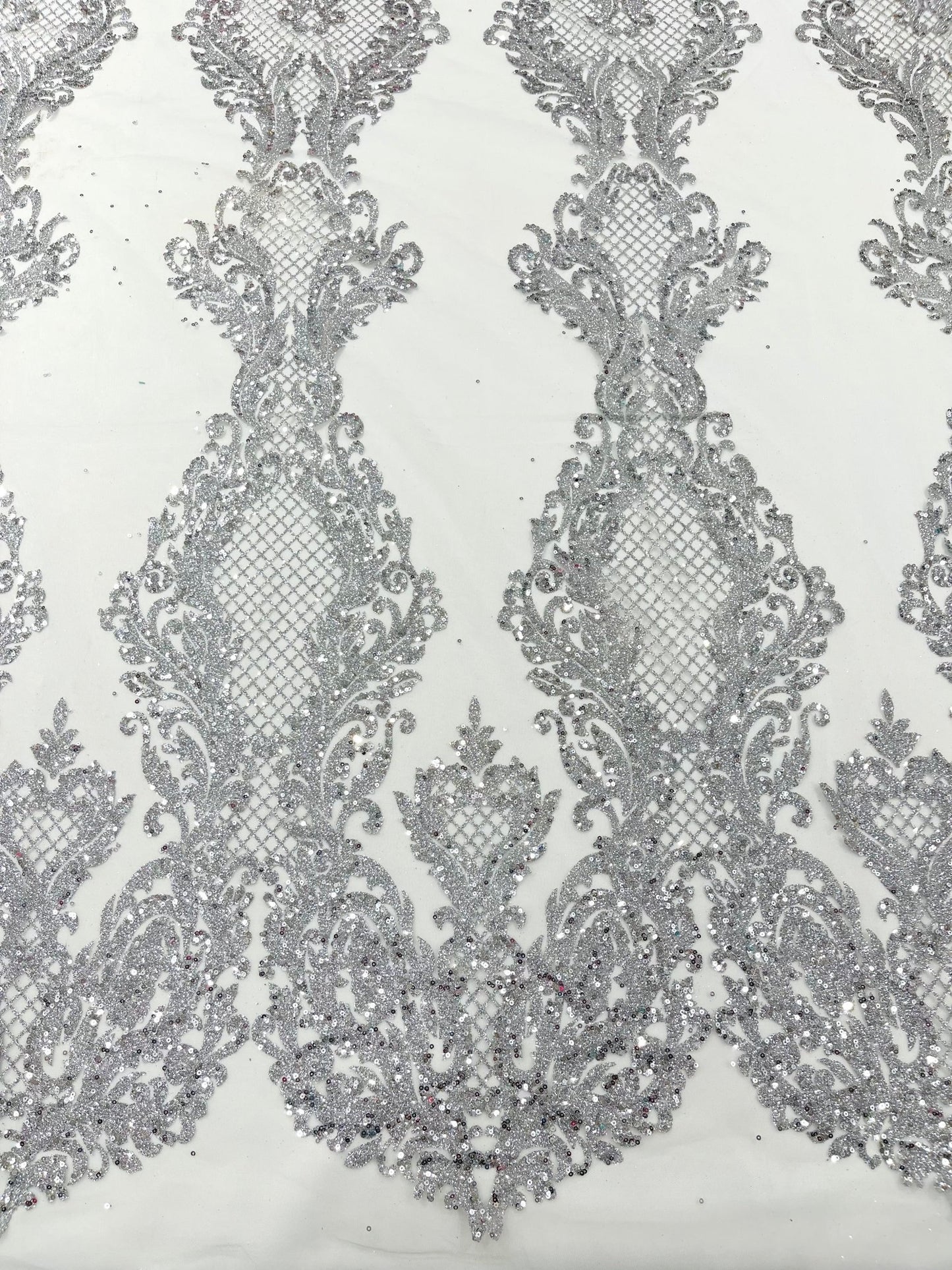 Glitter Tower Damask Design Fabric| 58” Wide| Quinsiañera Dresses. - New Creations Fabric & Foam Inc