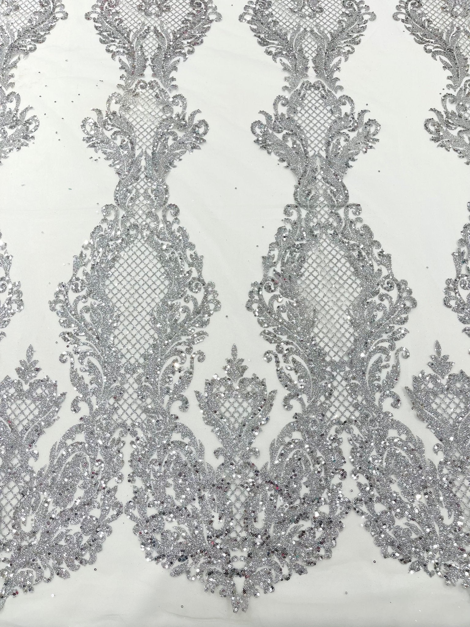 Glitter Tower Damask Design Fabric| 58” Wide| Quinsiañera Dresses. - New Creations Fabric & Foam Inc