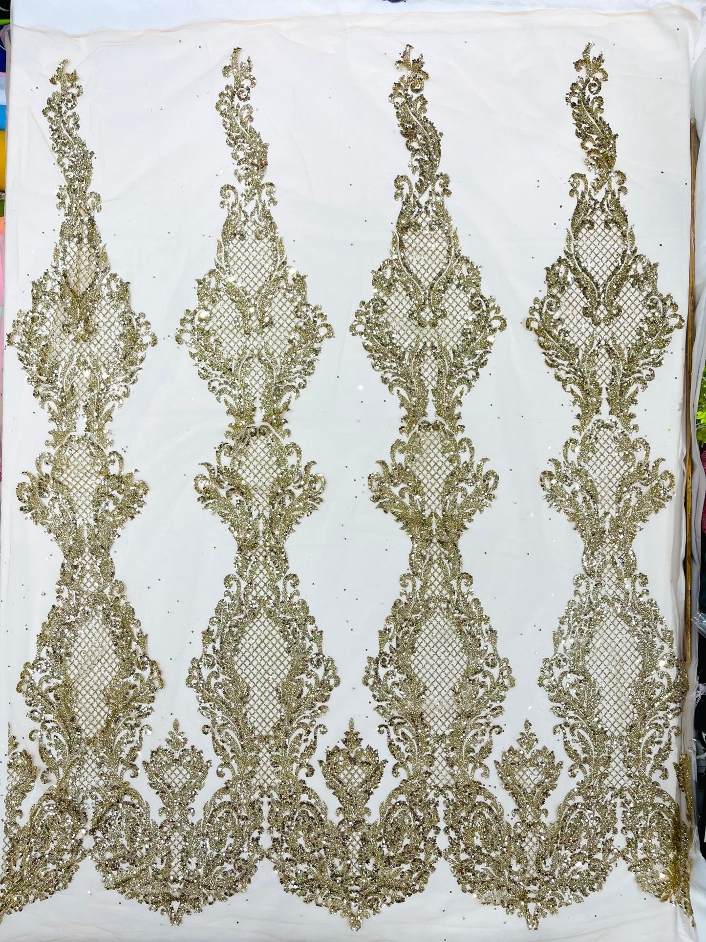 Glitter Tower Damask Design Fabric| 58” Wide| Quinsiañera Dresses. - New Creations Fabric & Foam Inc