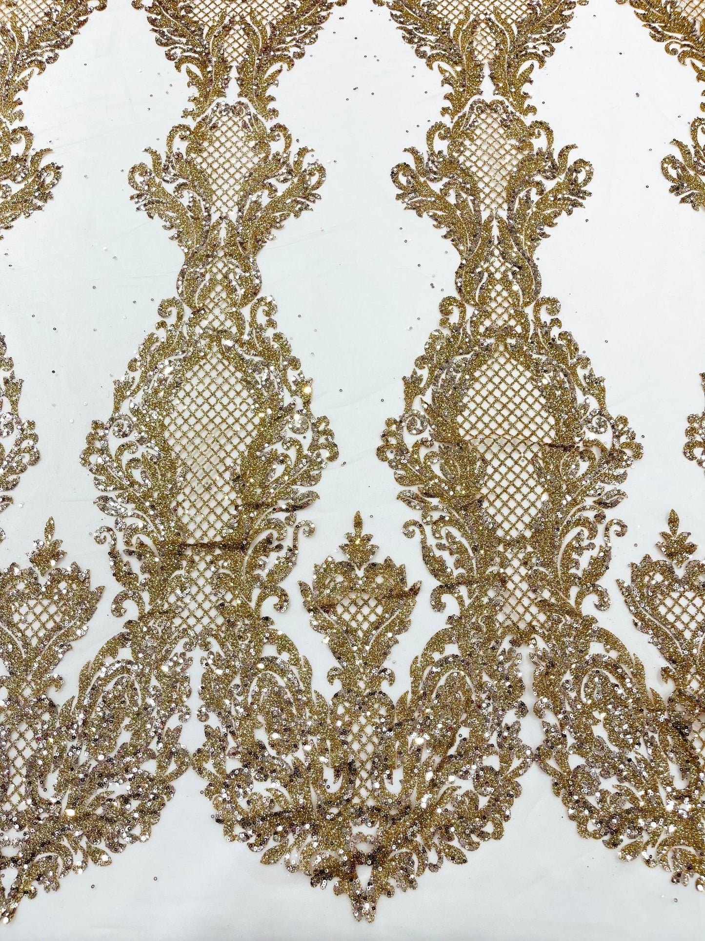 Glitter Tower Damask Design Fabric| 58” Wide| Quinsiañera Dresses. - New Creations Fabric & Foam Inc