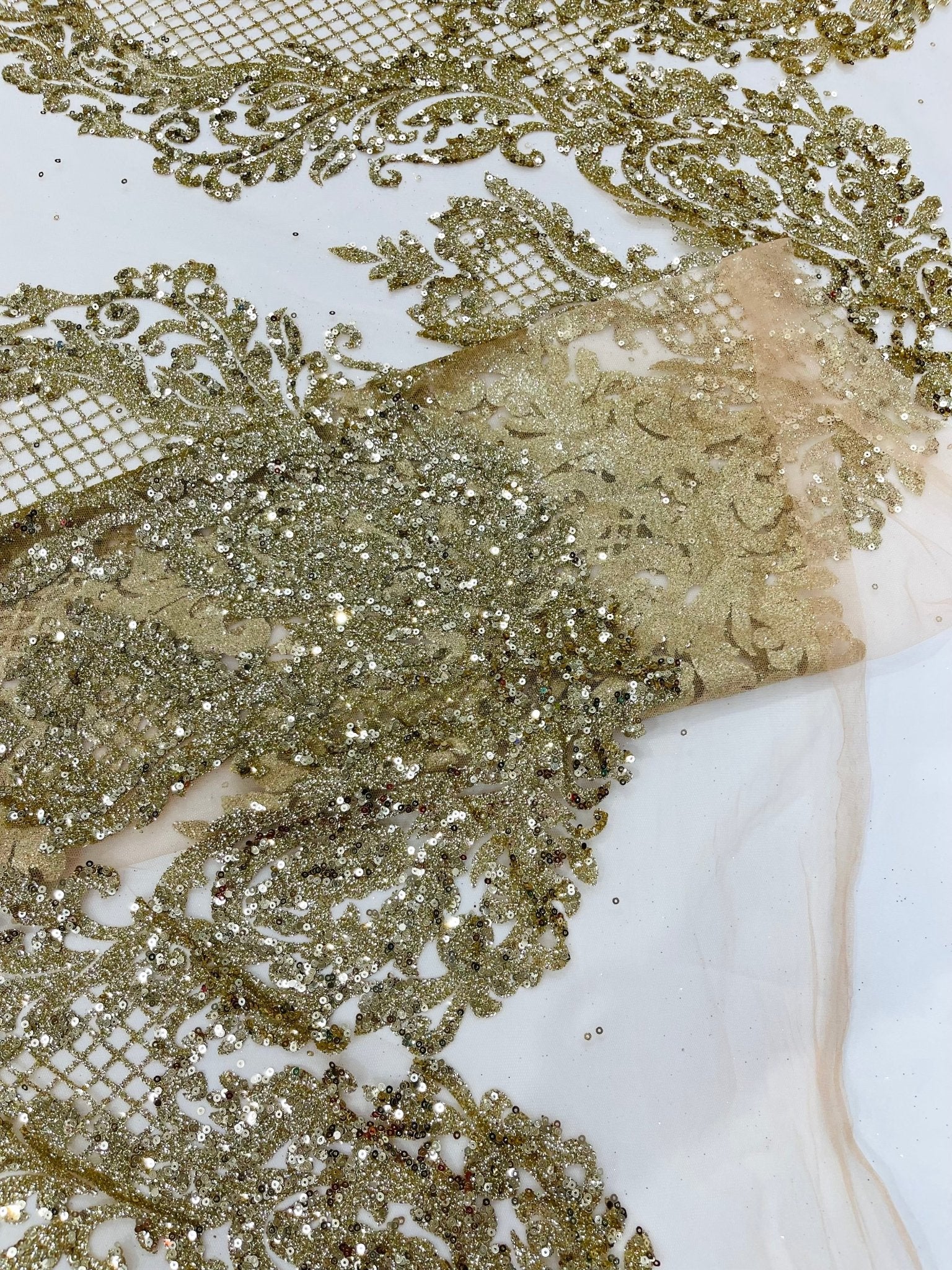 Glitter Tower Damask Design Fabric| 58” Wide| Quinsiañera Dresses. - New Creations Fabric & Foam Inc