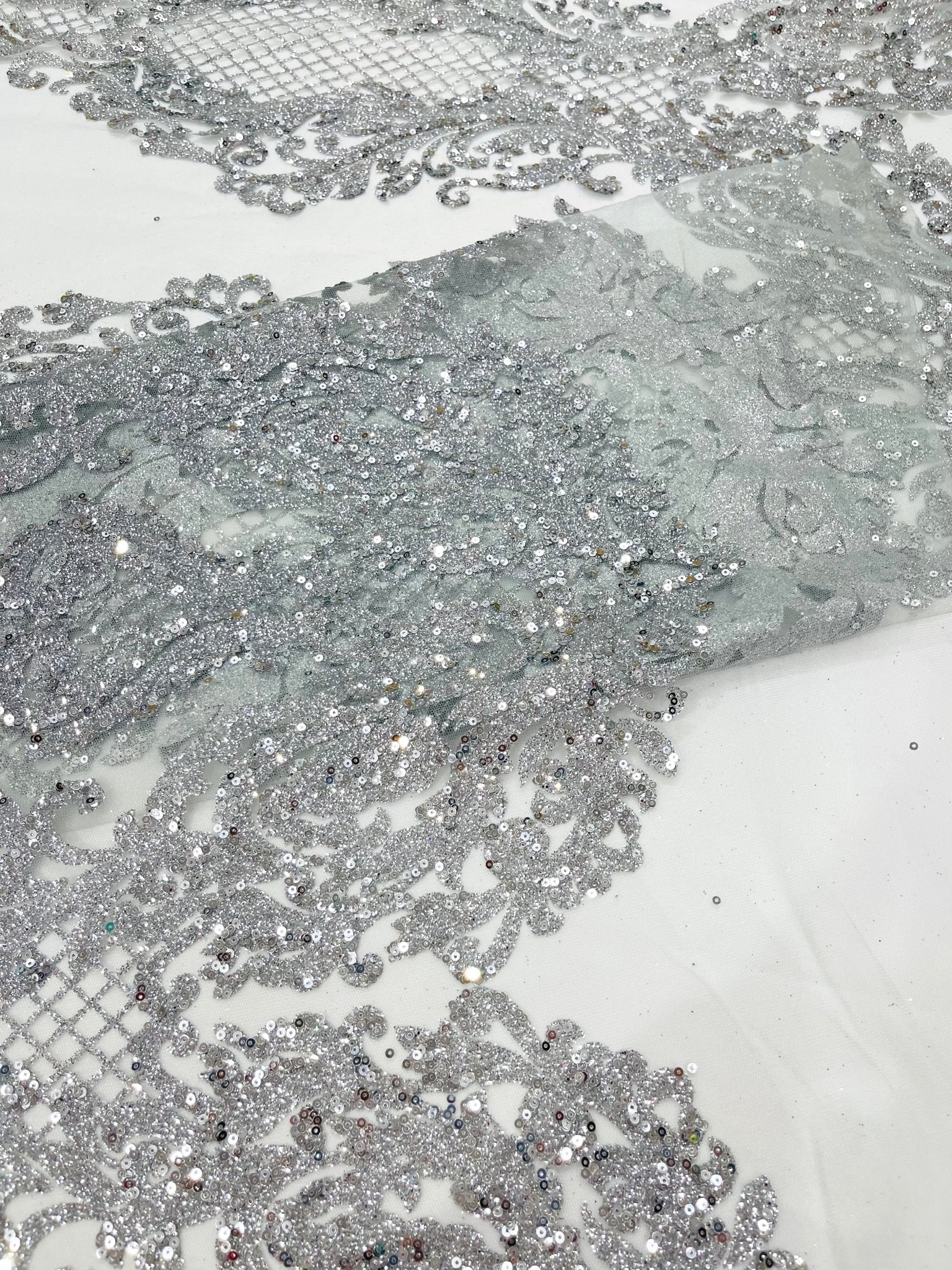 Glitter Tower Damask Design Fabric| 58” Wide| Quinsiañera Dresses. - New Creations Fabric & Foam Inc