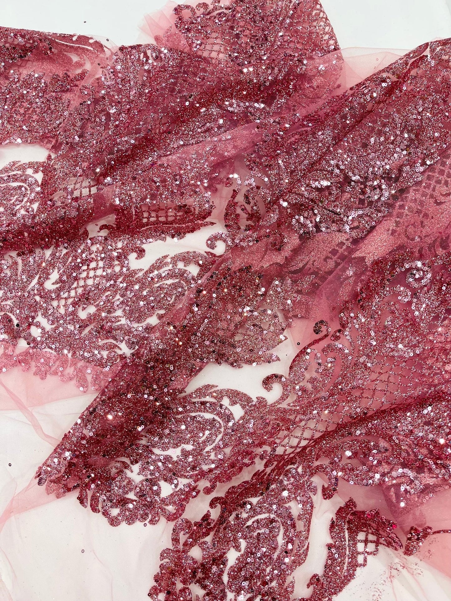 Glitter Tower Damask Design Fabric| 58” Wide| Quinsiañera Dresses. - New Creations Fabric & Foam Inc