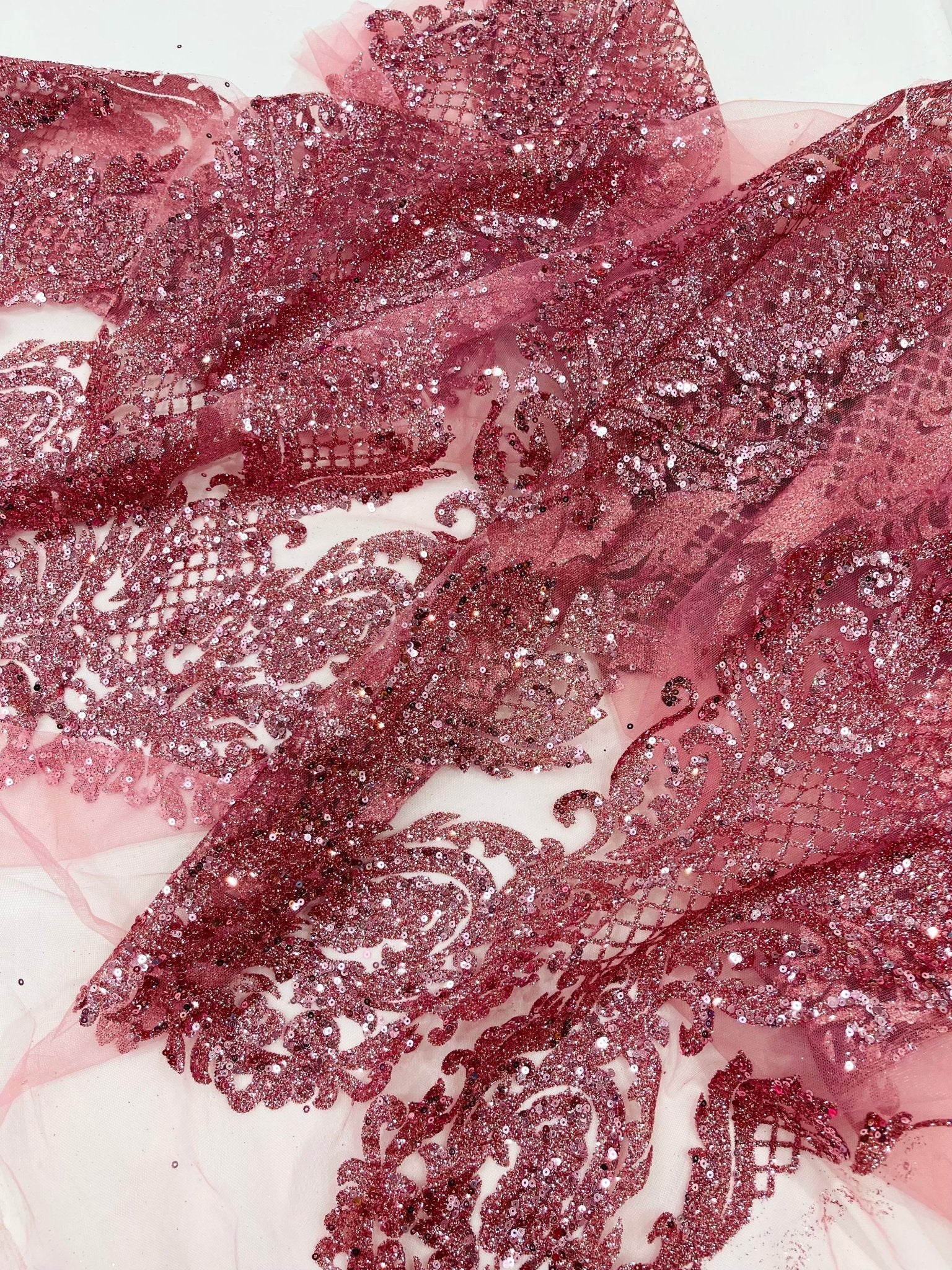 Glitter Tower Damask Design Fabric| 58” Wide| Quinsiañera Dresses. - New Creations Fabric & Foam Inc