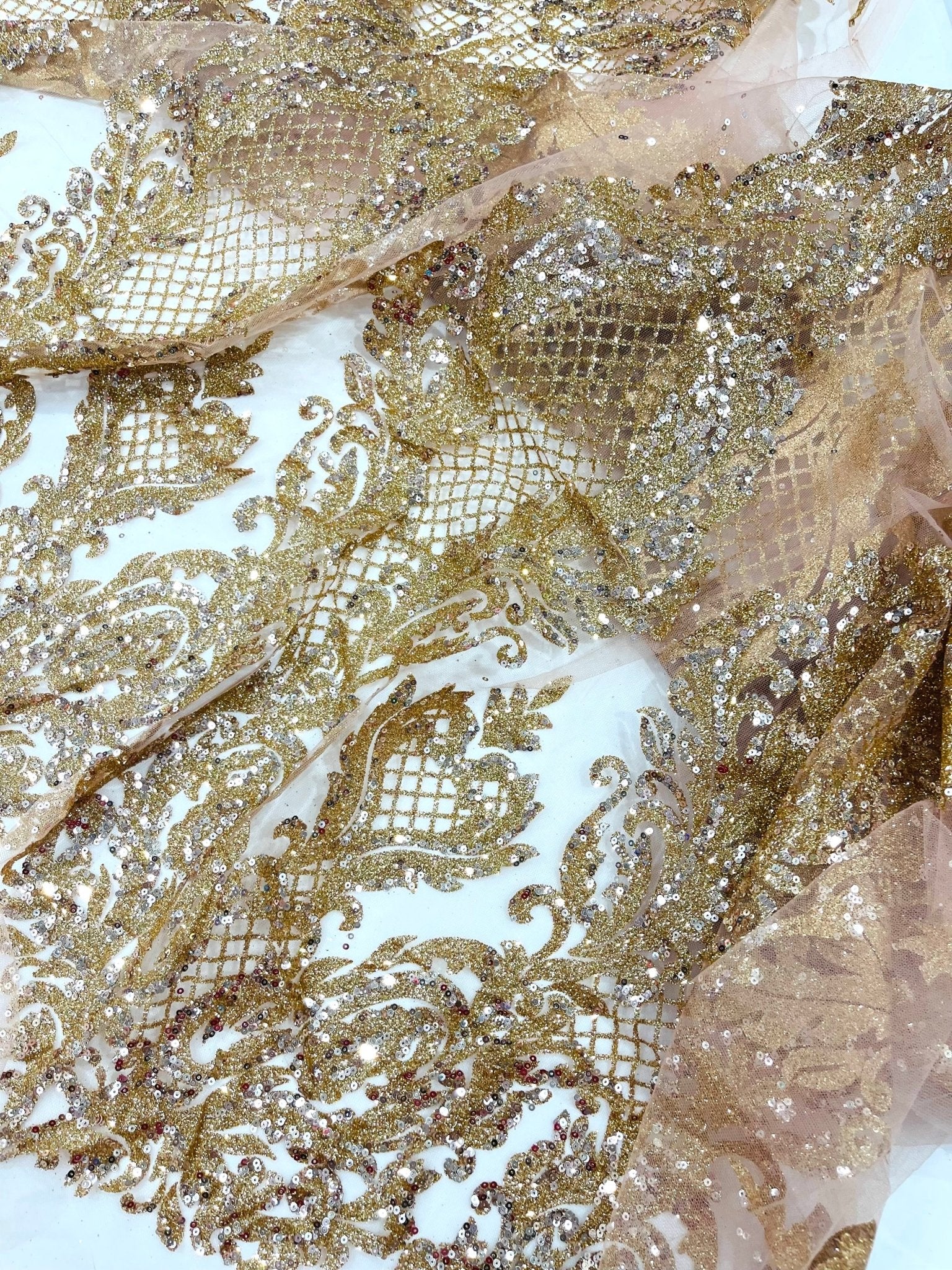 Glitter Tower Damask Design Fabric| 58” Wide| Quinsiañera Dresses. - New Creations Fabric & Foam Inc