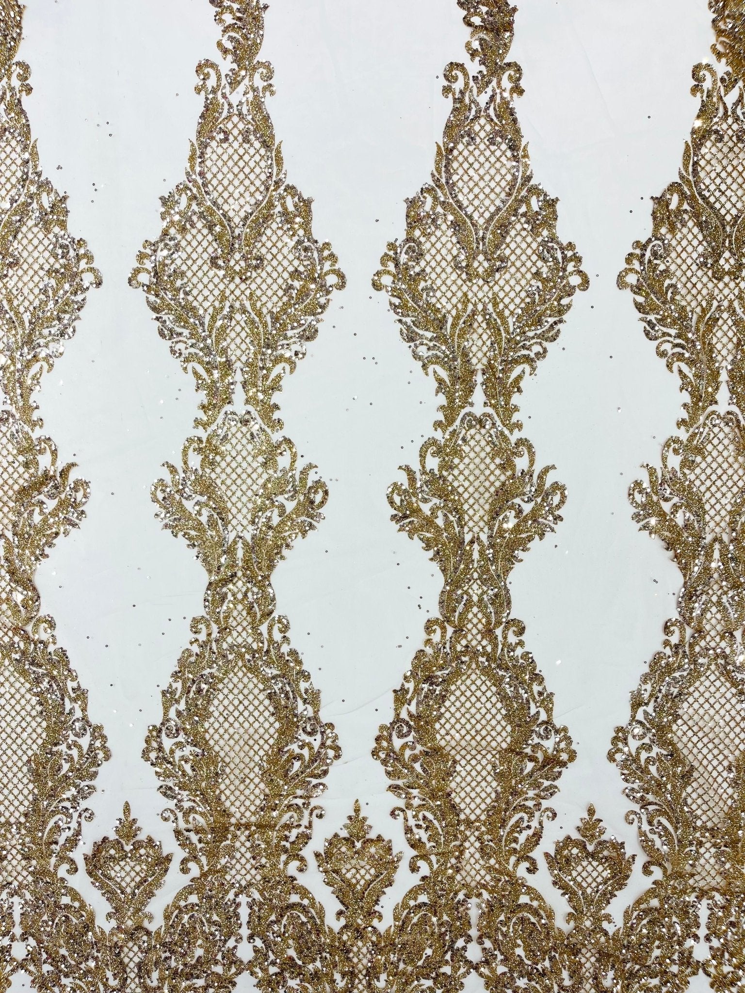 Glitter Tower Damask Design Fabric| 58” Wide| Quinsiañera Dresses. - New Creations Fabric & Foam Inc