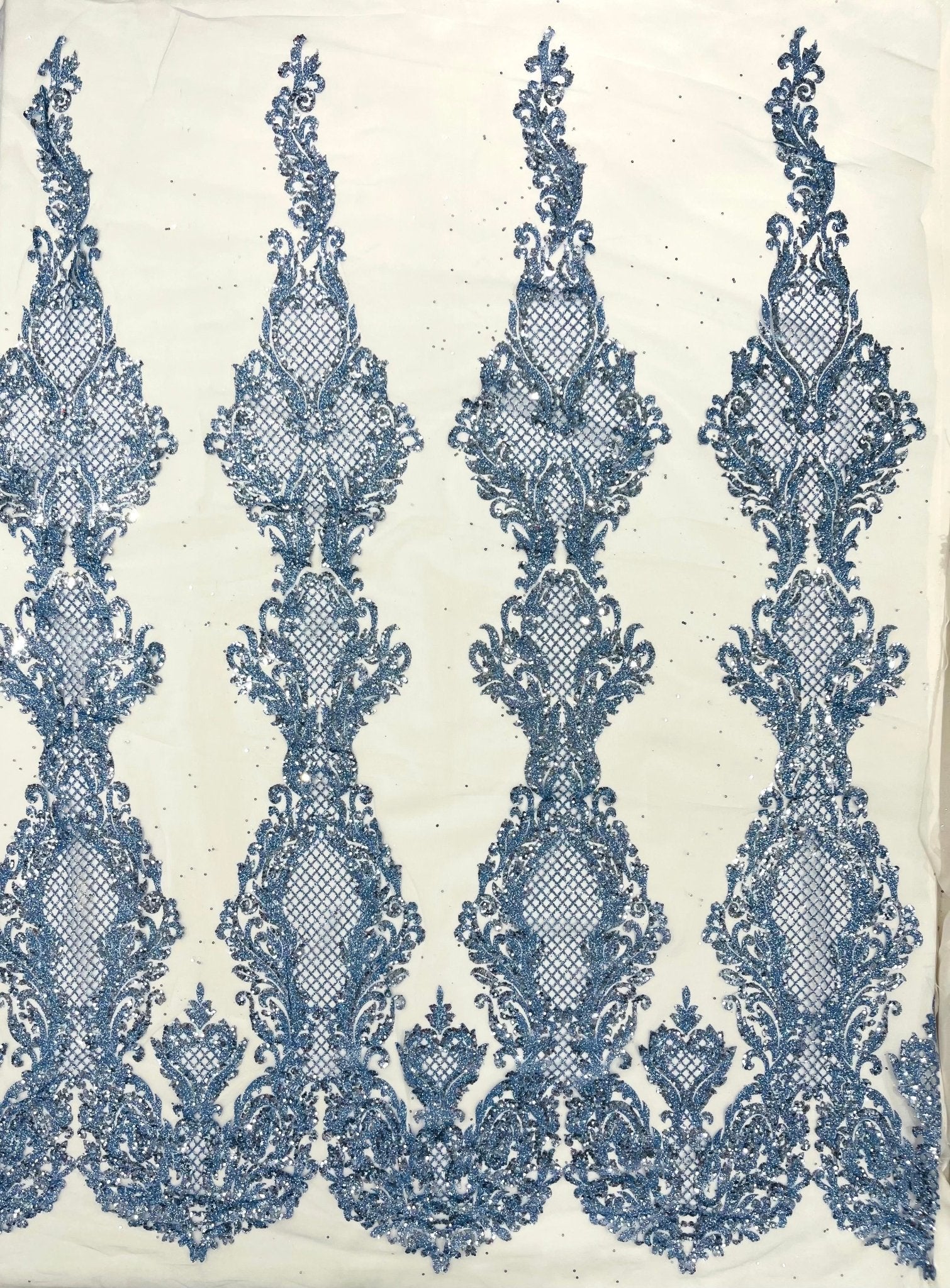 Glitter Tower Damask Design Fabric| 58” Wide| Quinsiañera Dresses. - New Creations Fabric & Foam Inc