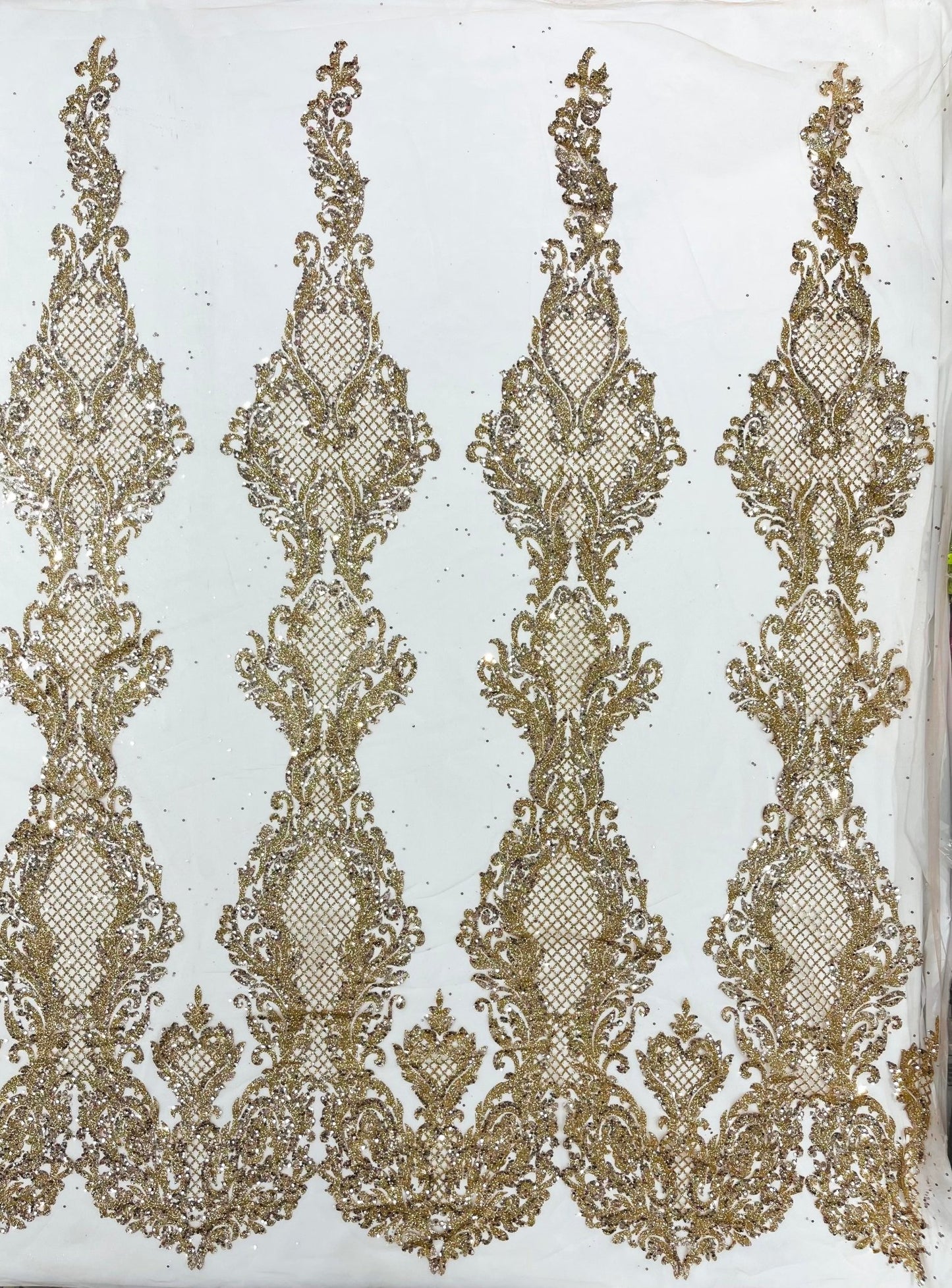 Glitter Tower Damask Design Fabric| 58” Wide| Quinsiañera Dresses. - New Creations Fabric & Foam Inc