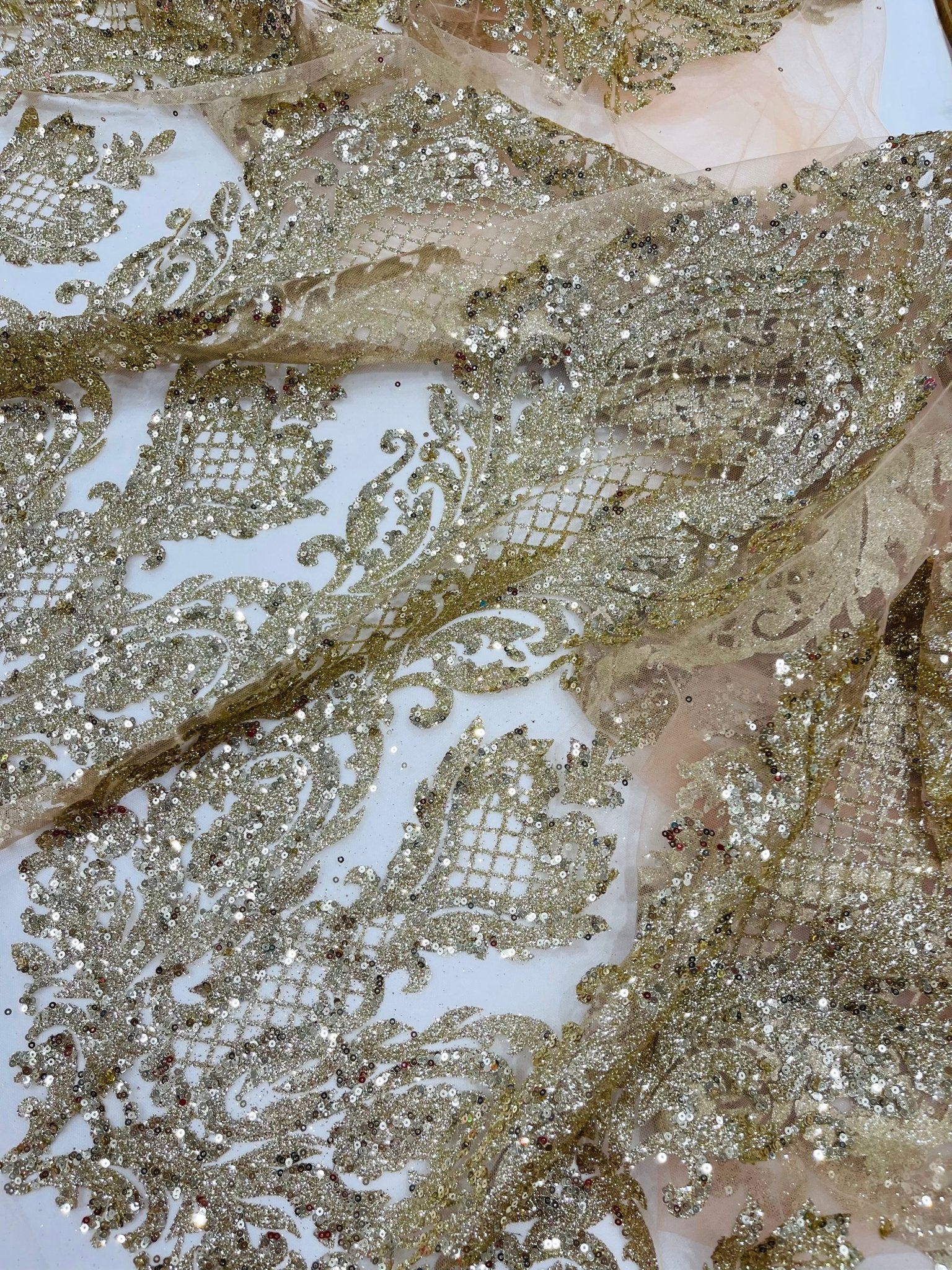 Glitter Tower Damask Design Fabric| 58” Wide| Quinsiañera Dresses. - New Creations Fabric & Foam Inc