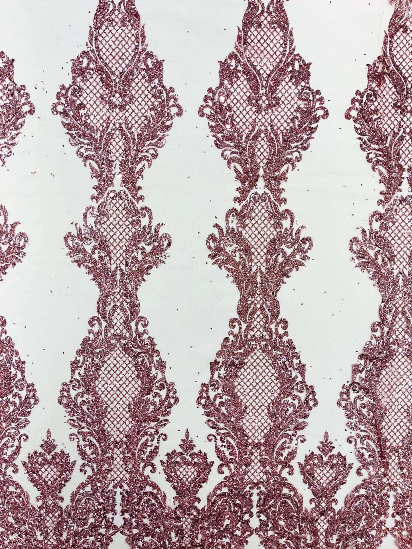 Glitter Tower Damask Design Fabric| 58” Wide| Quinsiañera Dresses. - New Creations Fabric & Foam Inc