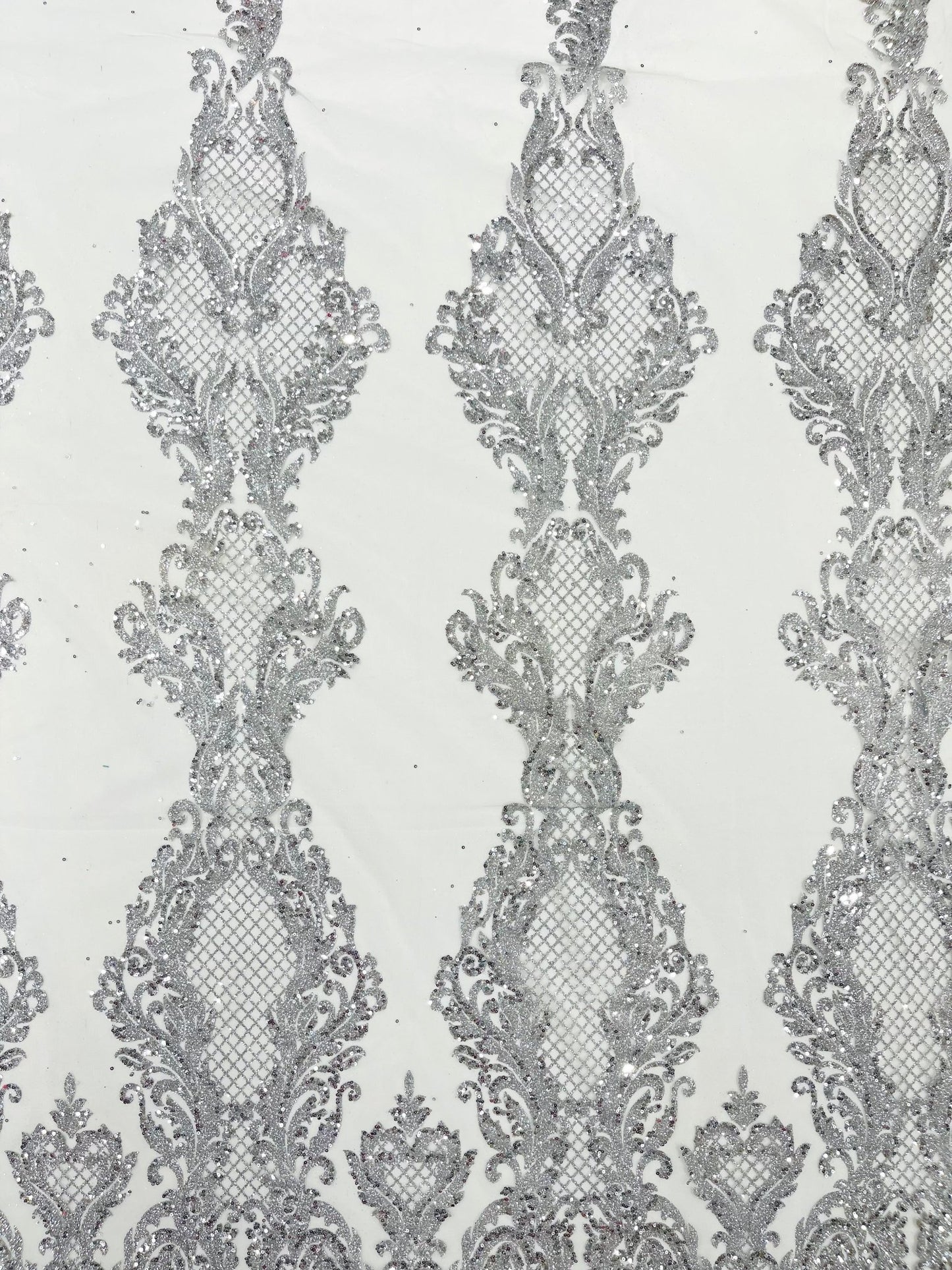 Glitter Tower Damask Design Fabric| 58” Wide| Quinsiañera Dresses. - New Creations Fabric & Foam Inc