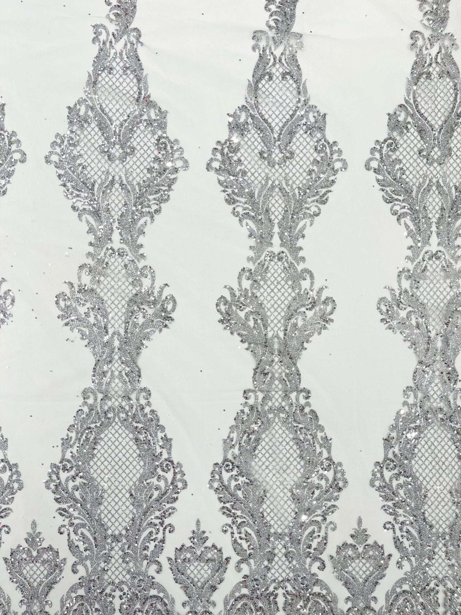 Glitter Tower Damask Design Fabric| 58” Wide| Quinsiañera Dresses. - New Creations Fabric & Foam Inc