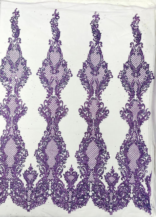 Glitter Tower Damask Design Fabric| 58” Wide| Quinsiañera Dresses. - New Creations Fabric & Foam Inc