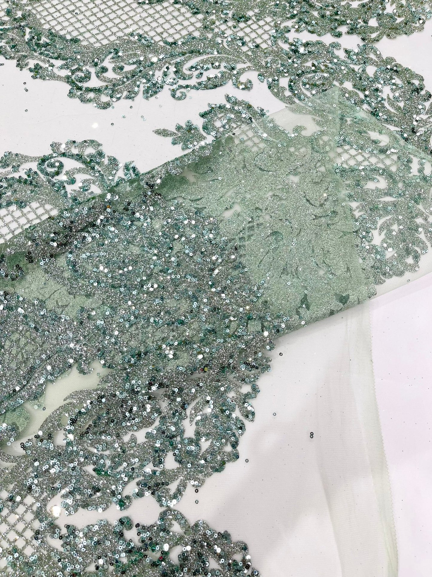 Glitter Tower Damask Design Fabric| 58” Wide| Quinsiañera Dresses. - New Creations Fabric & Foam Inc