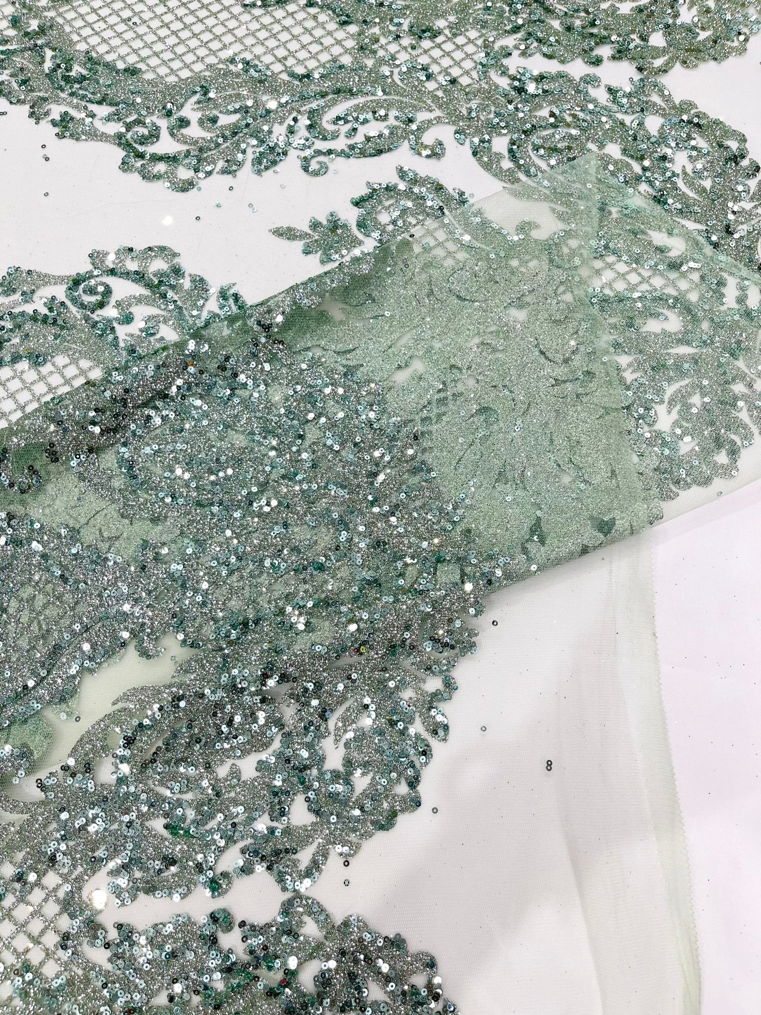 Glitter Tower Damask Design Fabric| 58” Wide| Quinsiañera Dresses. - New Creations Fabric & Foam Inc