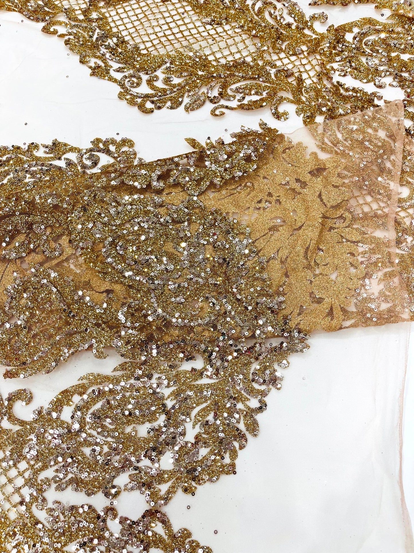 Glitter Tower Damask Design Fabric| 58” Wide| Quinsiañera Dresses. - New Creations Fabric & Foam Inc