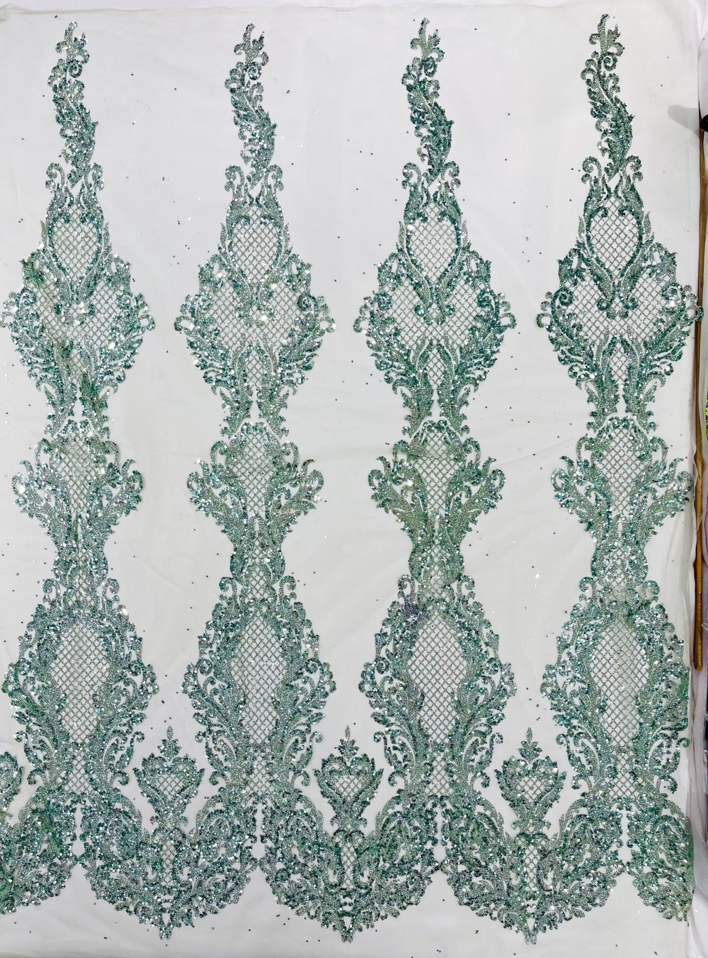 Glitter Tower Damask Design Fabric| 58” Wide| Quinsiañera Dresses. - New Creations Fabric & Foam Inc