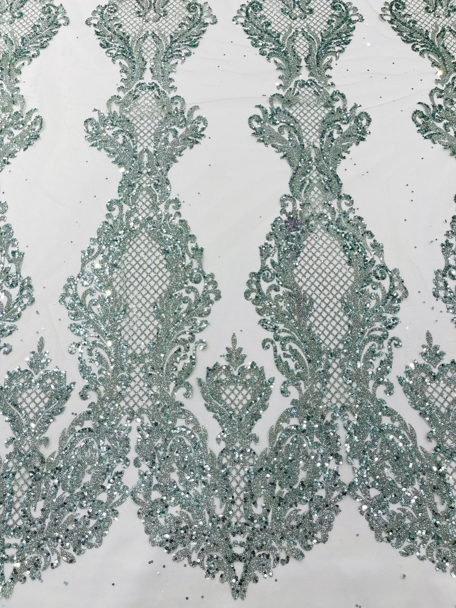 Glitter Tower Damask Design Fabric| 58” Wide| Quinsiañera Dresses. - New Creations Fabric & Foam Inc