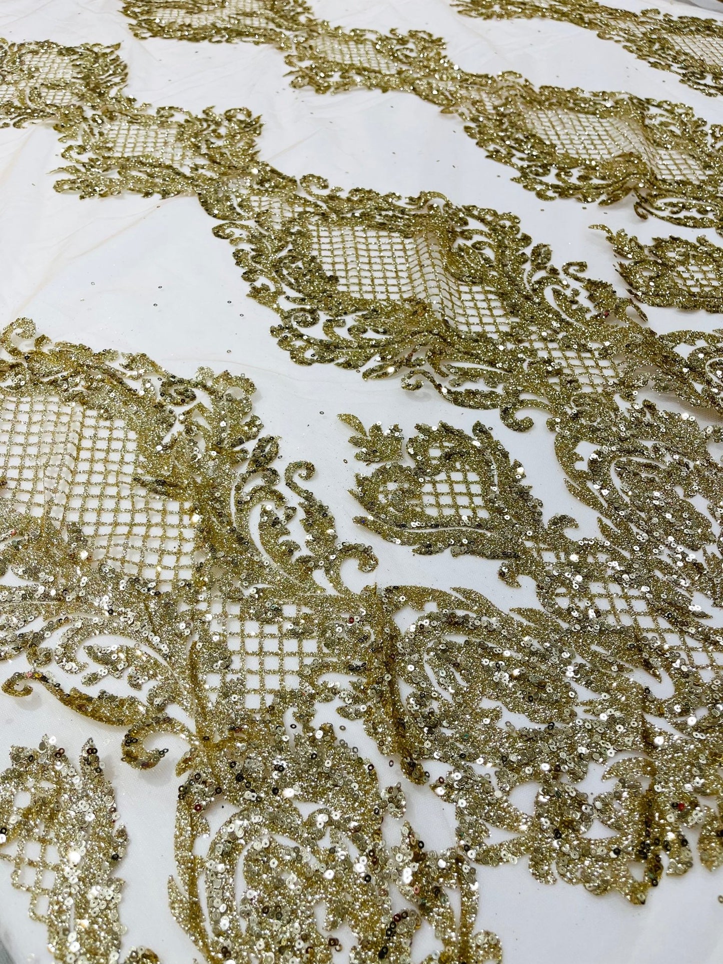 Glitter Tower Damask Design Fabric| 58” Wide| Quinsiañera Dresses. - New Creations Fabric & Foam Inc