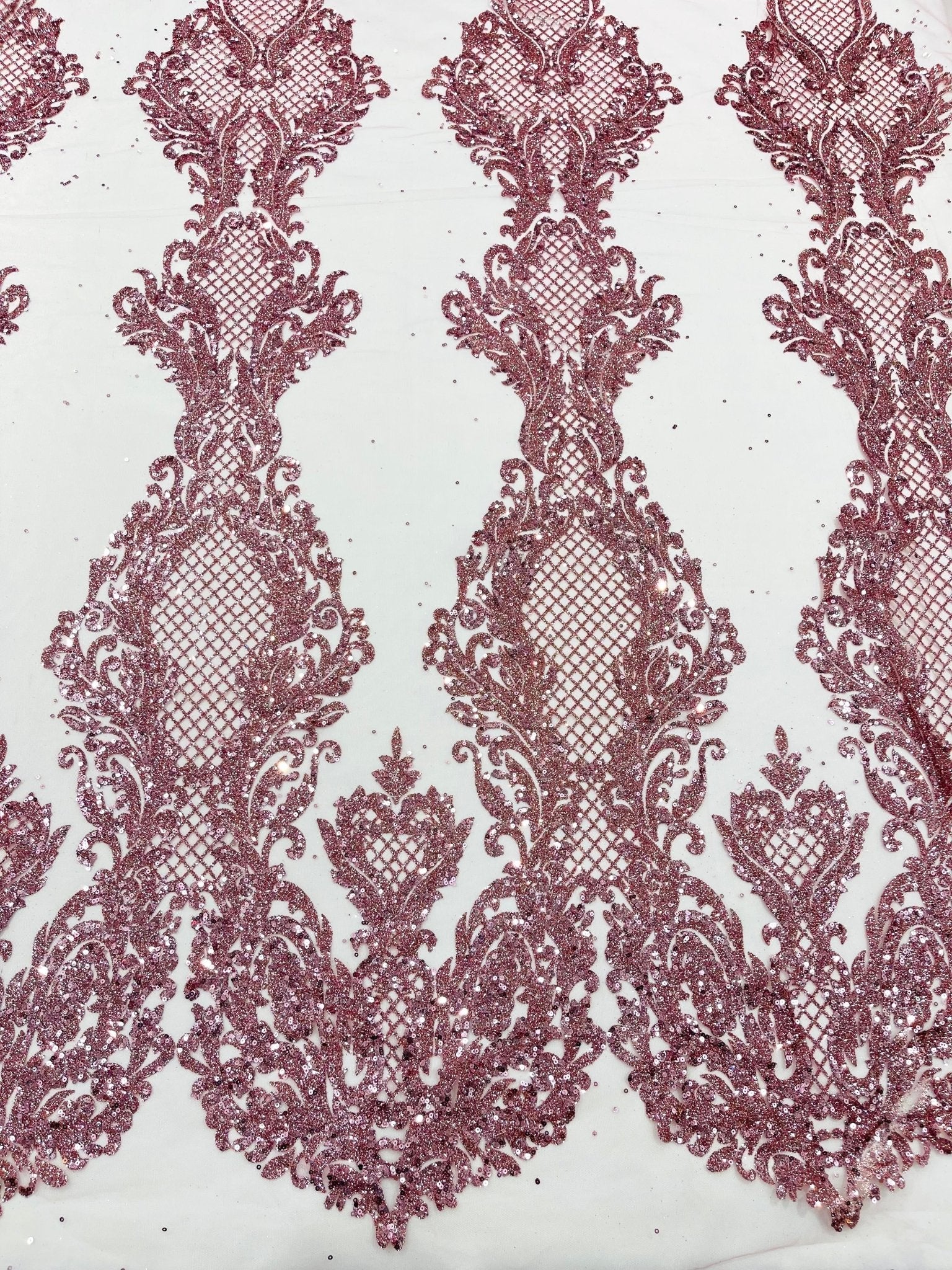 Glitter Tower Damask Design Fabric| 58” Wide| Quinsiañera Dresses. - New Creations Fabric & Foam Inc