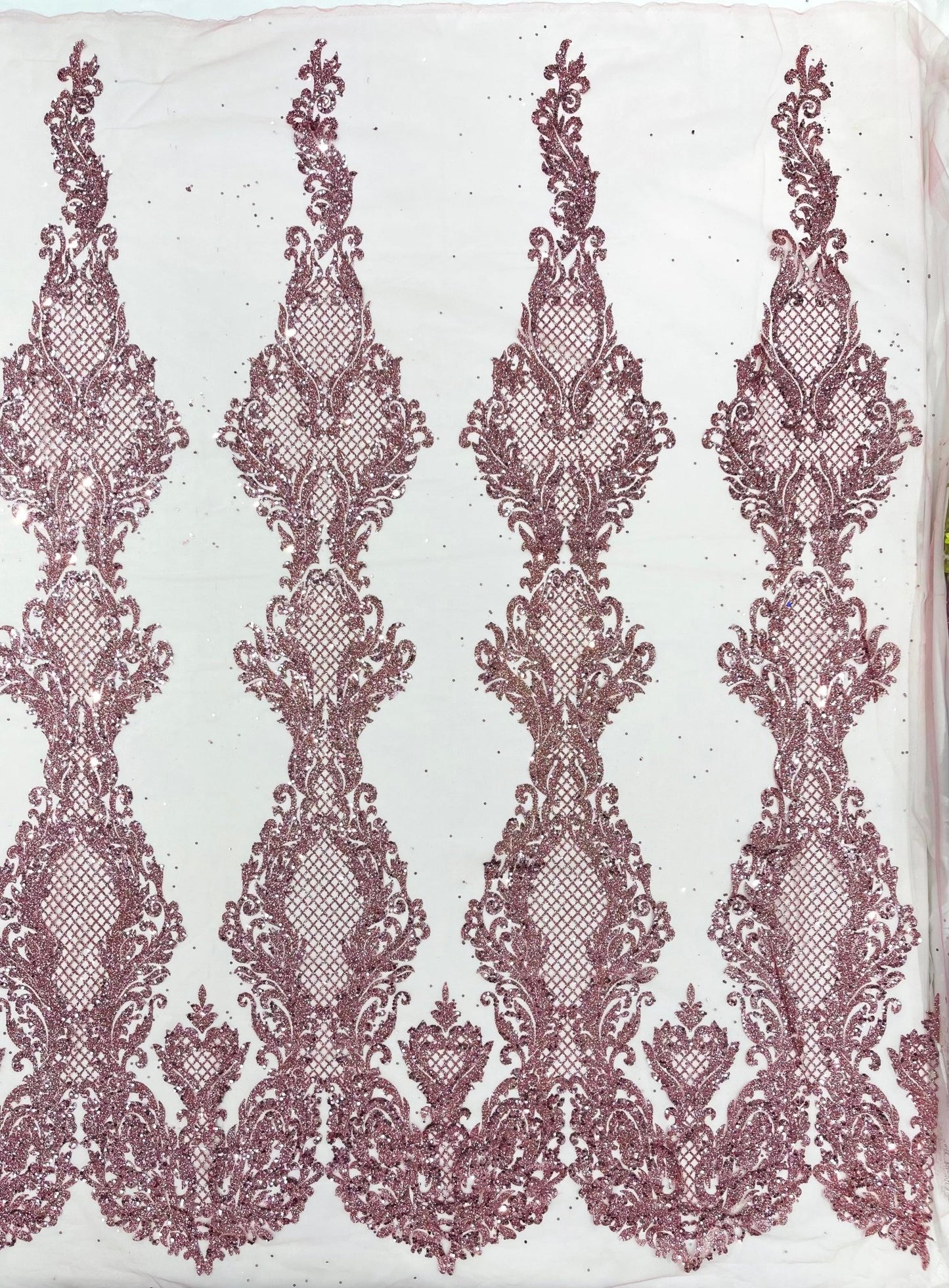 Glitter Tower Damask Design Fabric| 58” Wide| Quinsiañera Dresses. - New Creations Fabric & Foam Inc