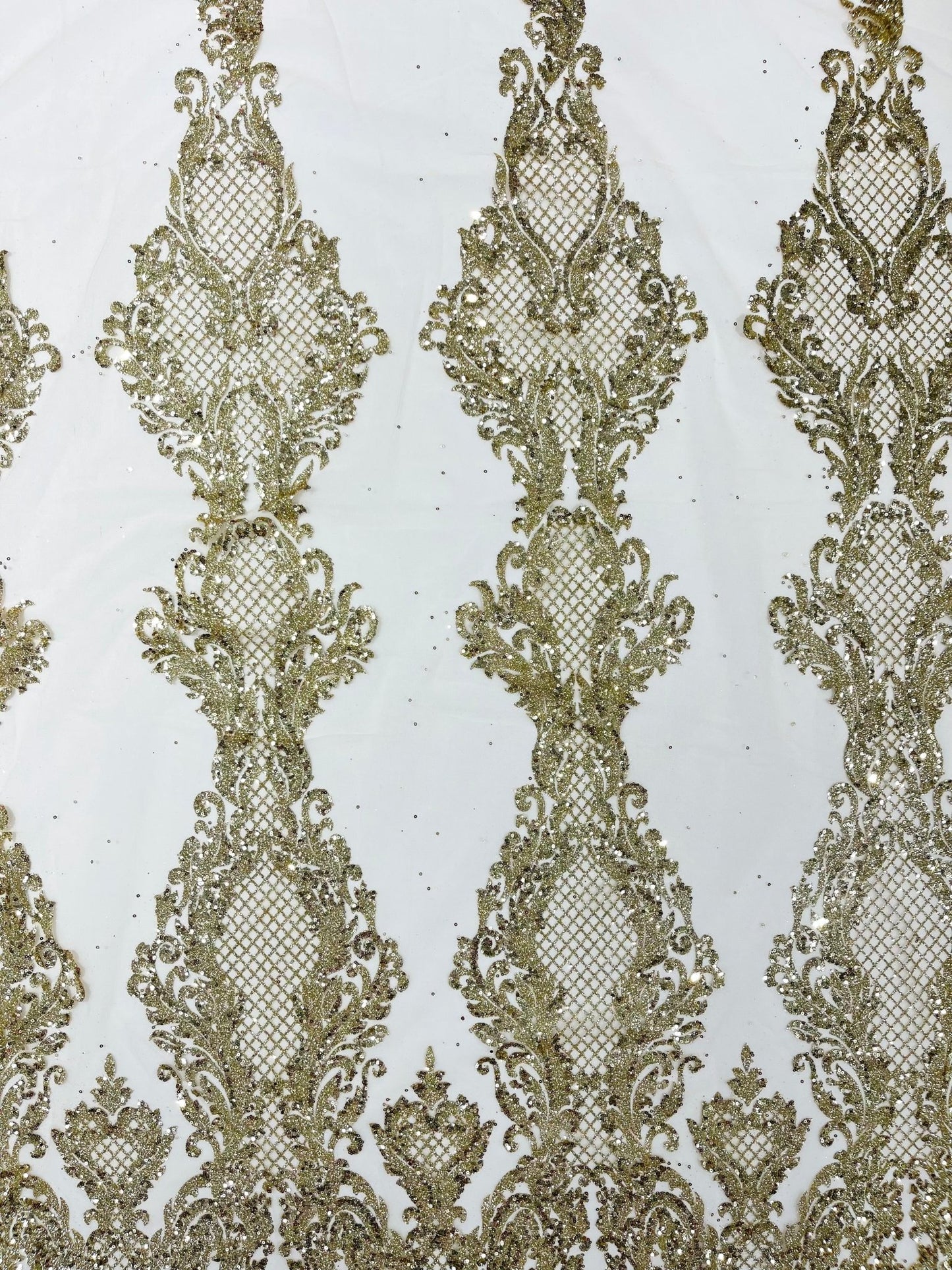 Glitter Tower Damask Design Fabric| 58” Wide| Quinsiañera Dresses. - New Creations Fabric & Foam Inc