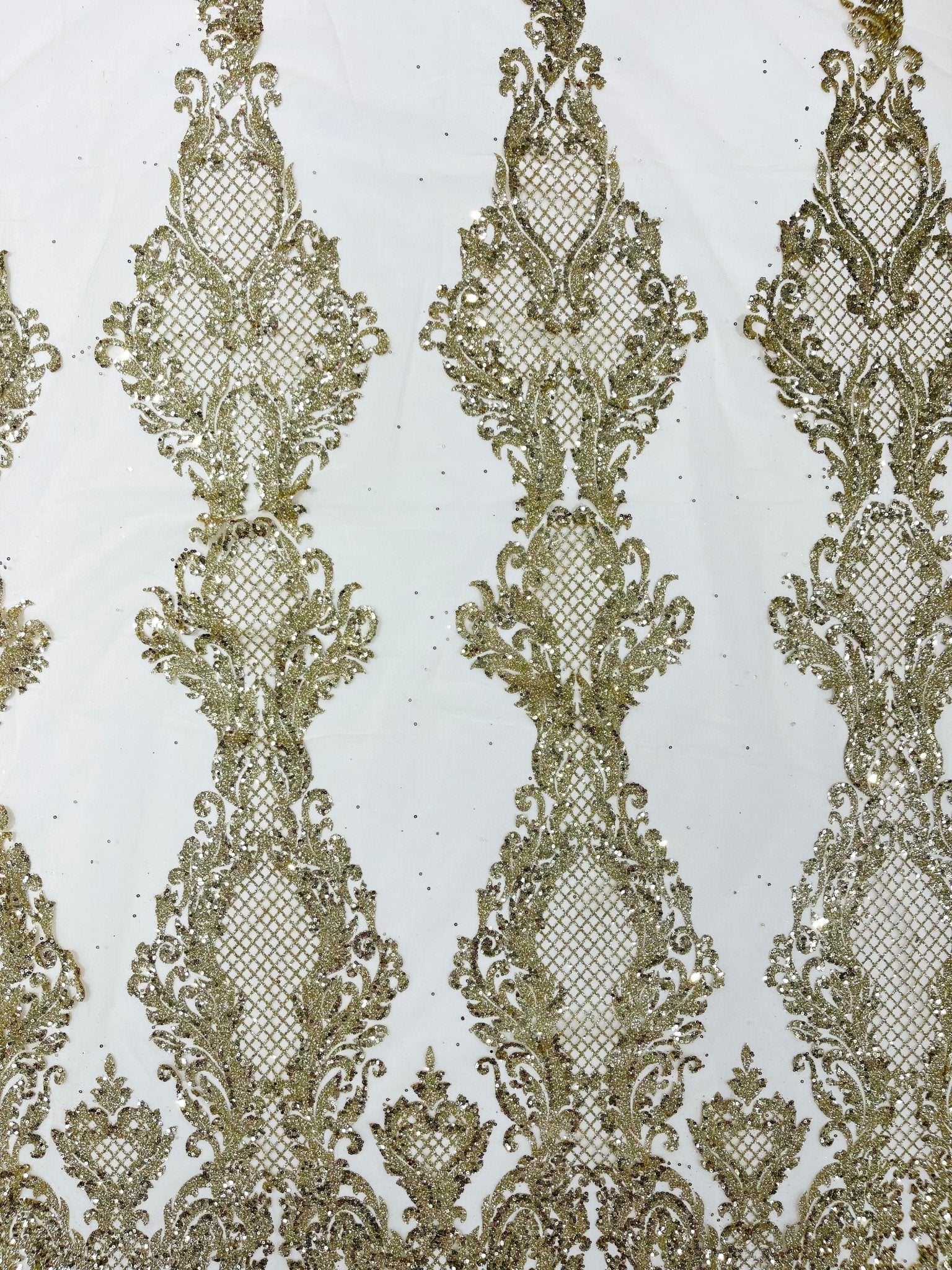 Glitter Tower Damask Design Fabric| 58” Wide| Quinsiañera Dresses. - New Creations Fabric & Foam Inc