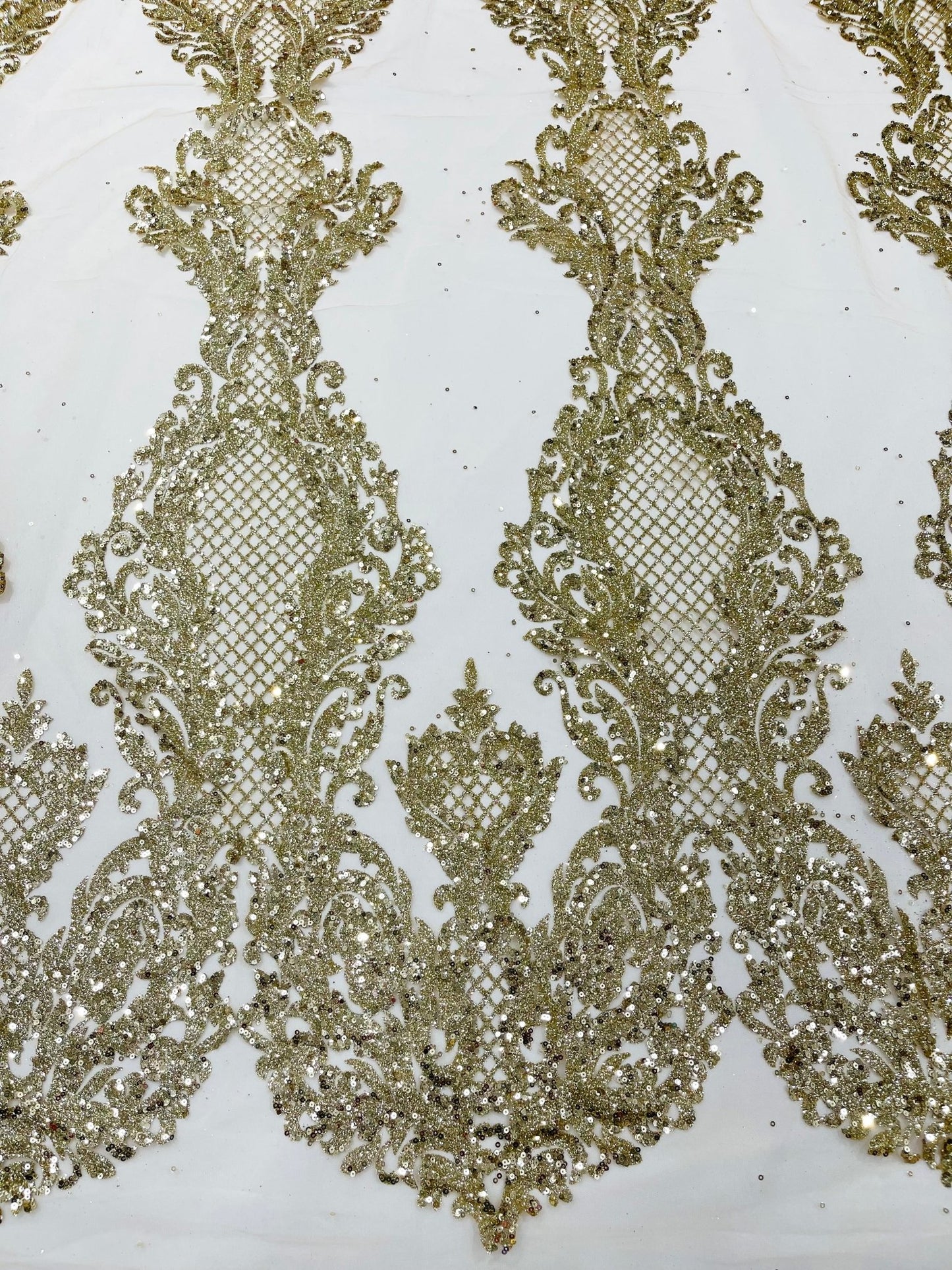 Glitter Tower Damask Design Fabric| 58” Wide| Quinsiañera Dresses. - New Creations Fabric & Foam Inc