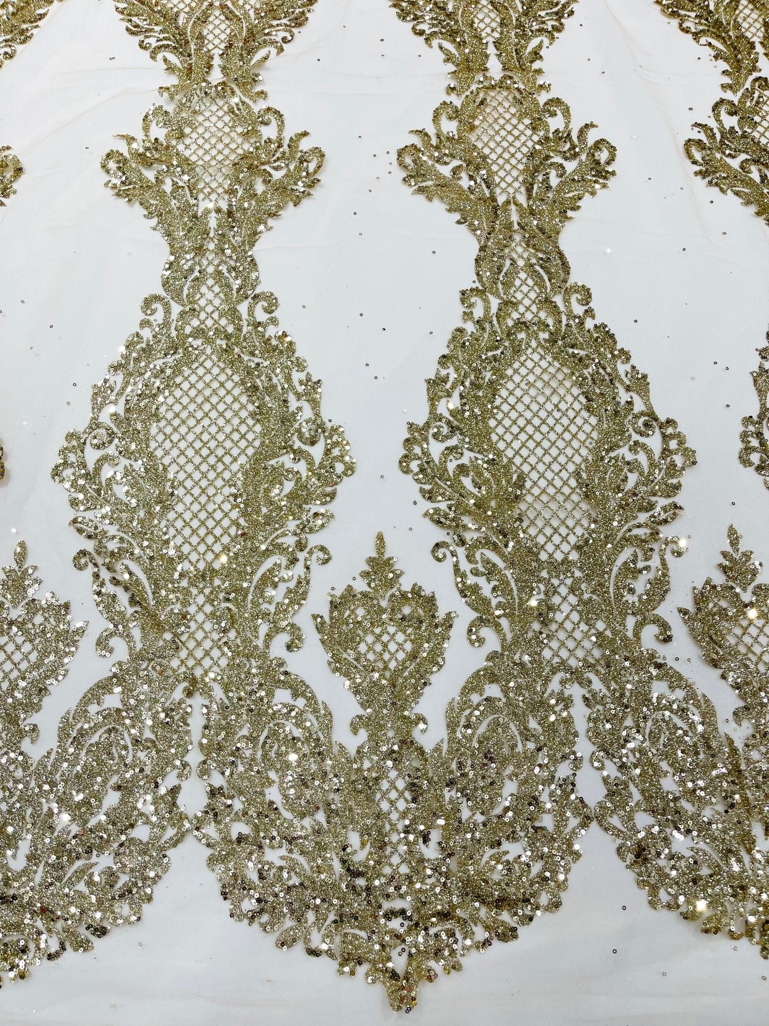 Glitter Tower Damask Design Fabric| 58” Wide| Quinsiañera Dresses. - New Creations Fabric & Foam Inc