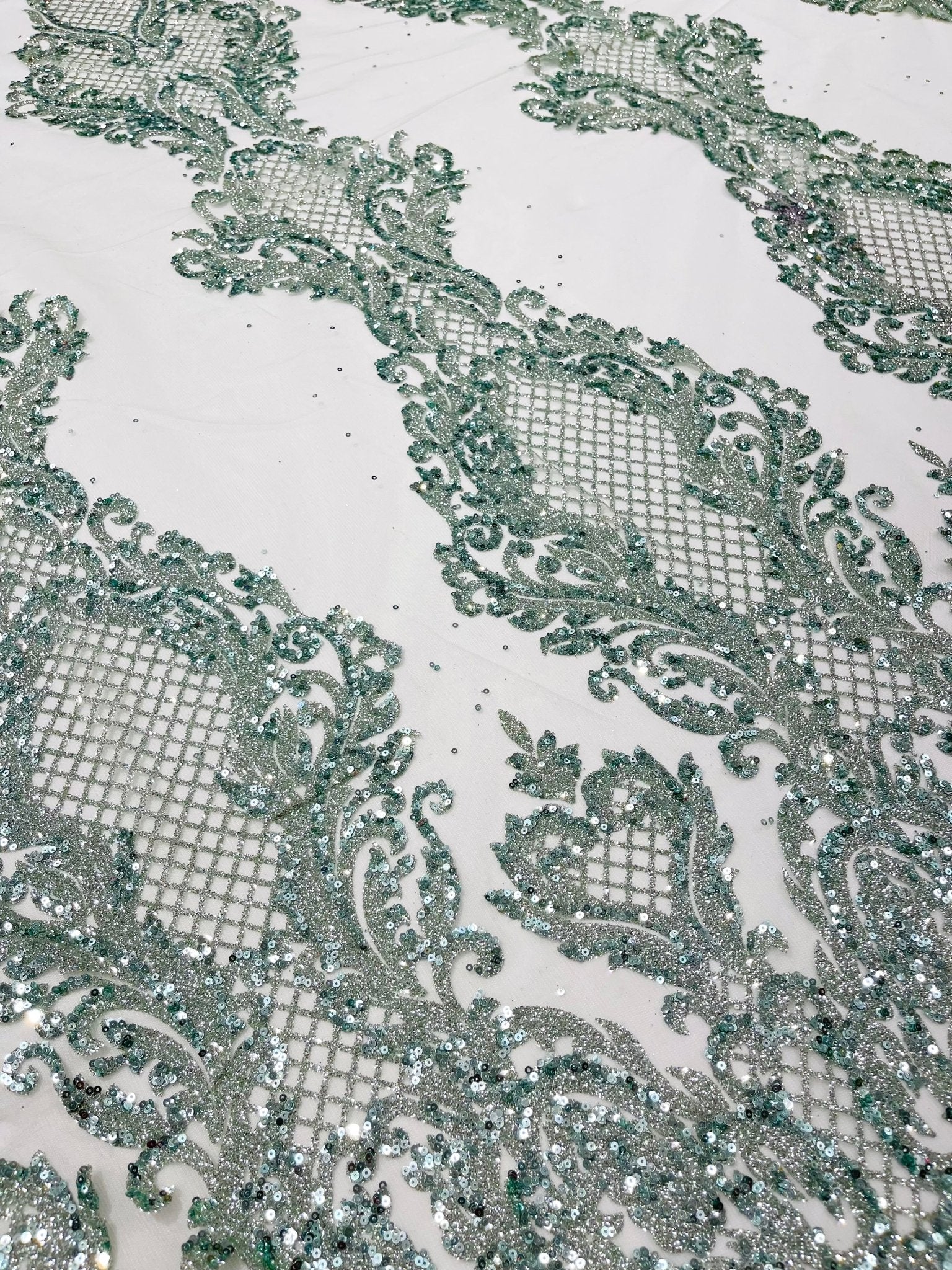 Glitter Tower Damask Design Fabric| 58” Wide| Quinsiañera Dresses. - New Creations Fabric & Foam Inc