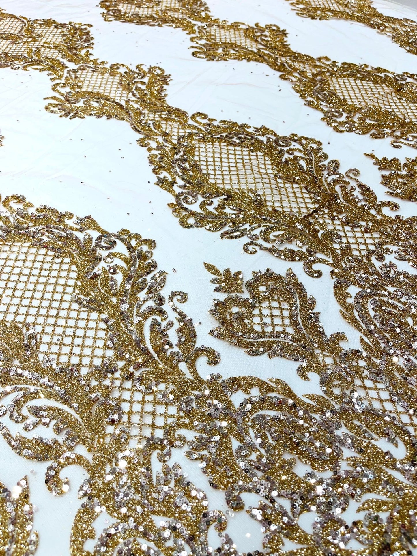 Glitter Tower Damask Design Fabric| 58” Wide| Quinsiañera Dresses. - New Creations Fabric & Foam Inc