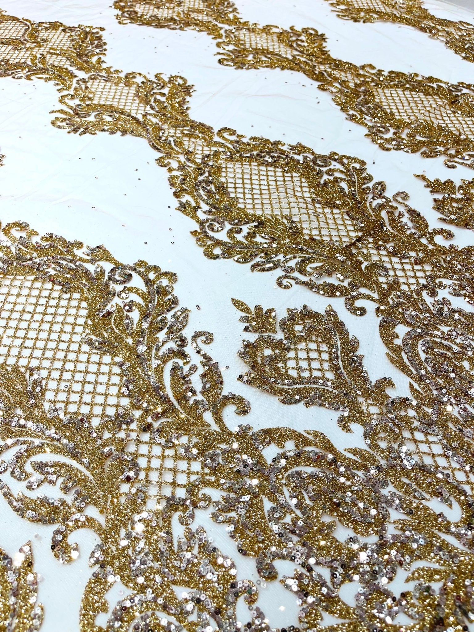 Glitter Tower Damask Design Fabric| 58” Wide| Quinsiañera Dresses. - New Creations Fabric & Foam Inc