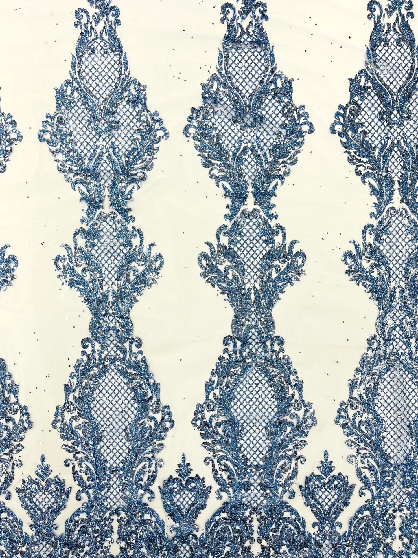 Glitter Tower Damask Design Fabric| 58” Wide| Quinsiañera Dresses. - New Creations Fabric & Foam Inc