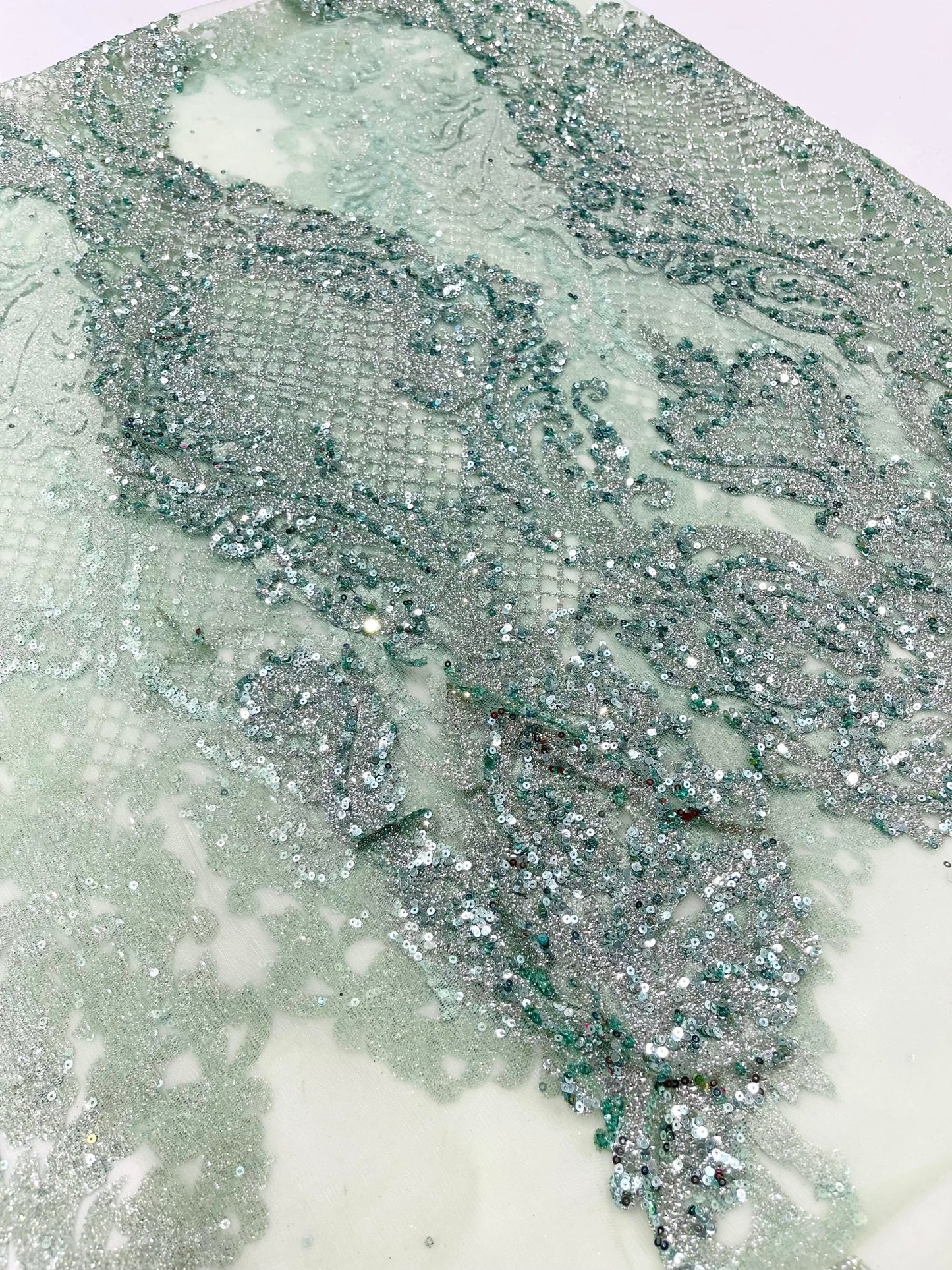 Glitter Tower Damask Design Fabric| 58” Wide| Quinsiañera Dresses. - New Creations Fabric & Foam Inc
