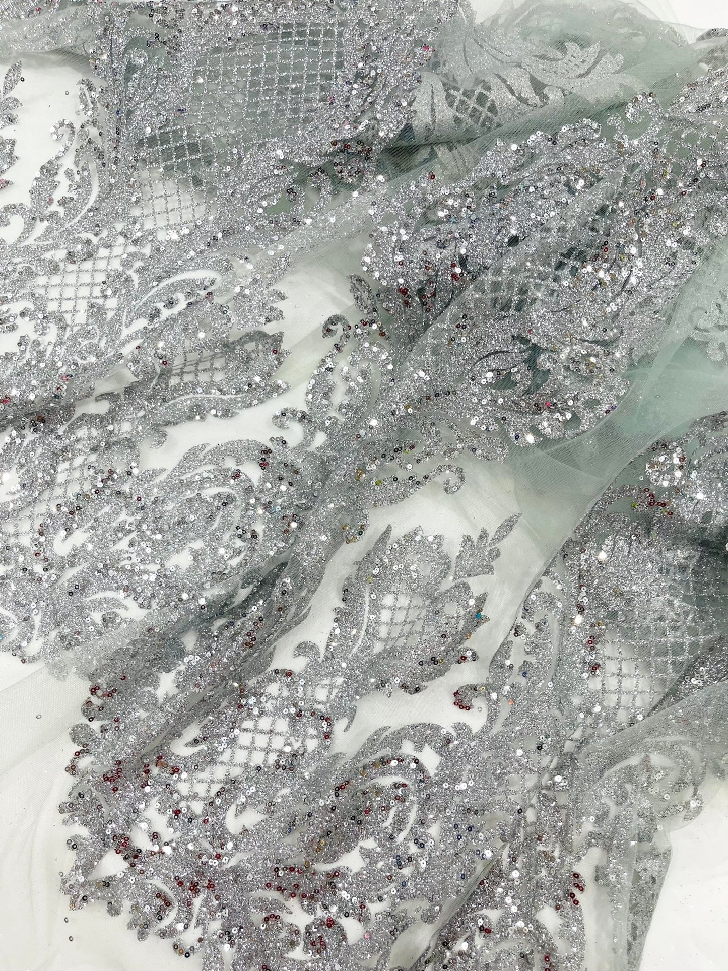 Glitter Tower Damask Design Fabric| 58” Wide| Quinsiañera Dresses. - New Creations Fabric & Foam Inc