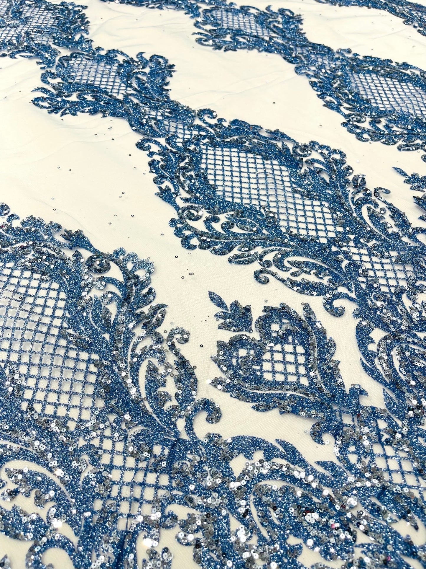 Glitter Tower Damask Design Fabric| 58” Wide| Quinsiañera Dresses. - New Creations Fabric & Foam Inc