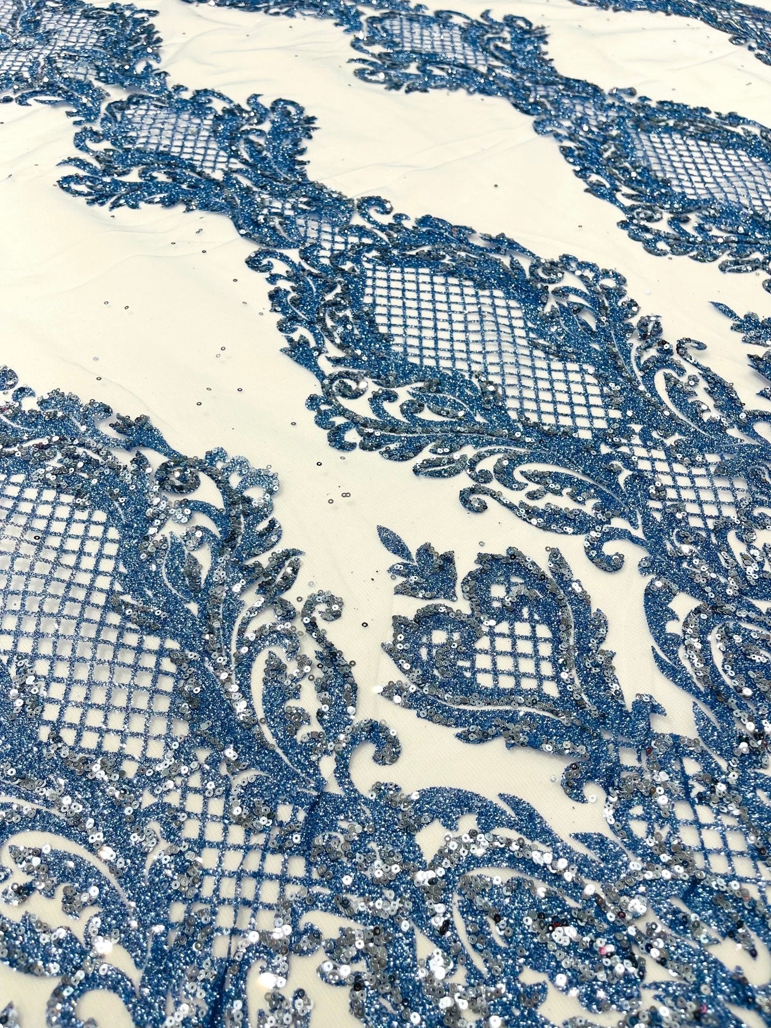 Glitter Tower Damask Design Fabric| 58” Wide| Quinsiañera Dresses. - New Creations Fabric & Foam Inc