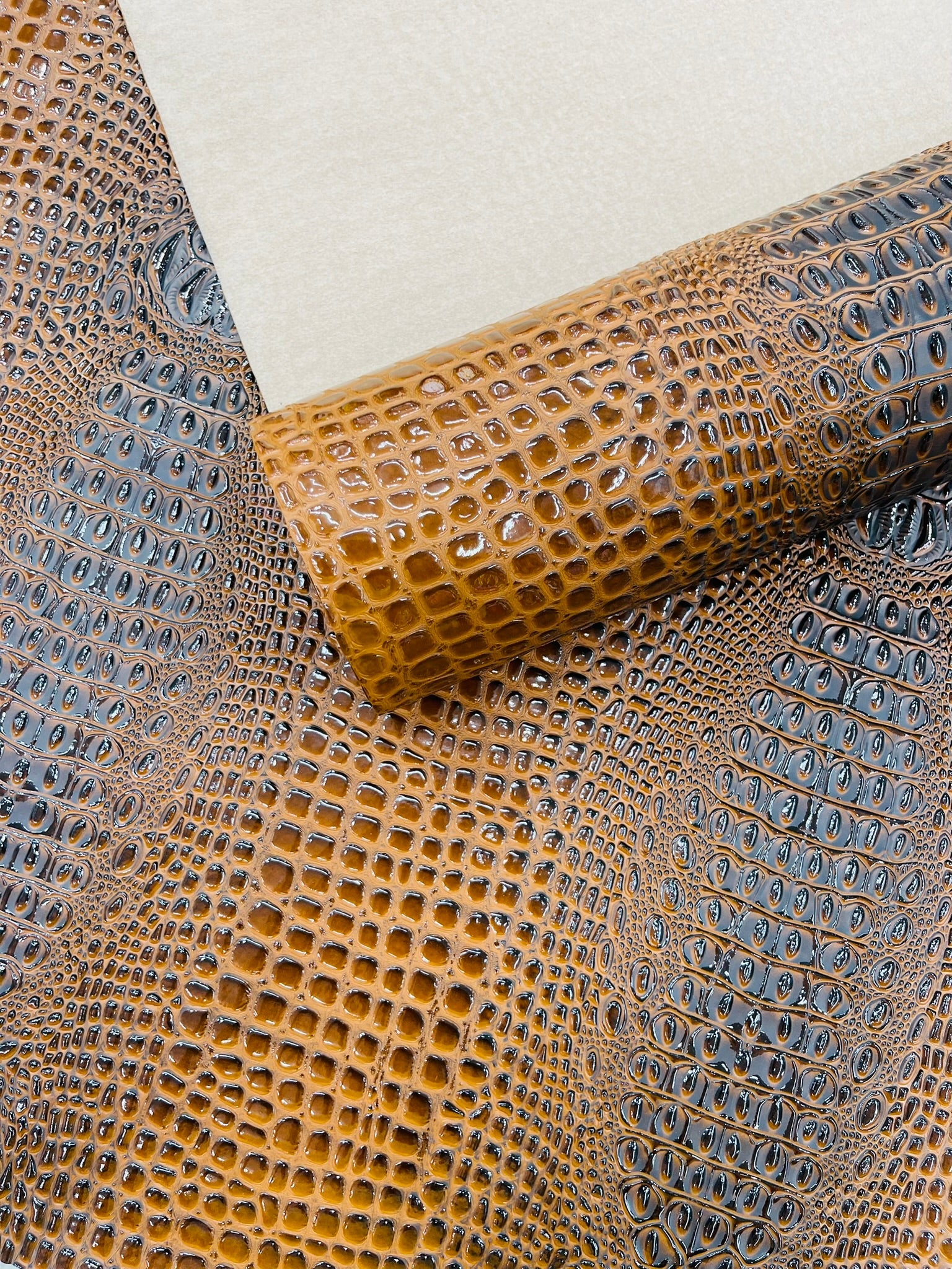 Glossy Two Tone Gator Fake Leather Upholstery, 3D Crocodile Skin Texture| New Creations Fabric & Foam Inc. - New Creations Fabric & Foam Inc
