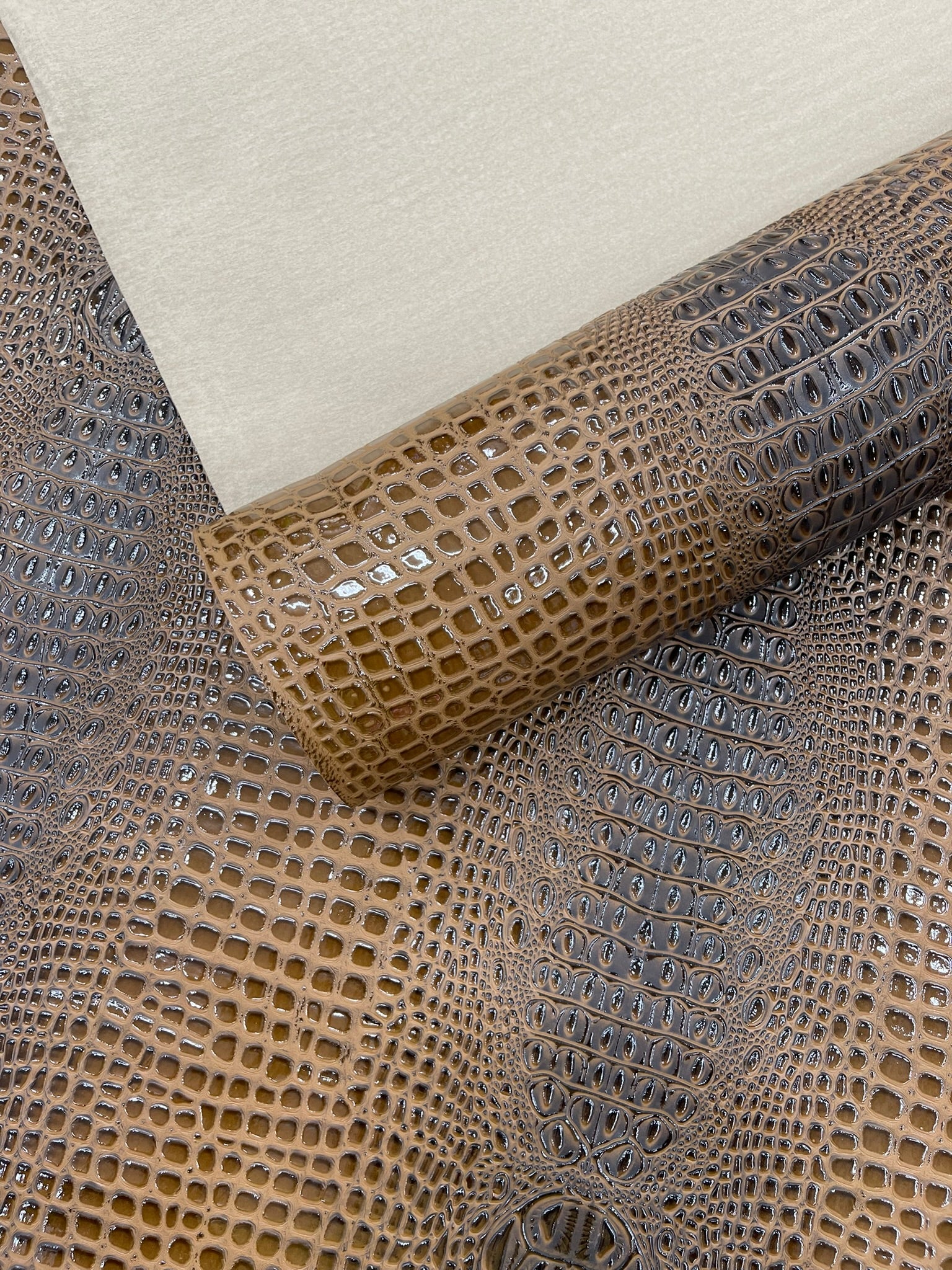 Glossy Two Tone Gator Fake Leather Upholstery, 3D Crocodile Skin Texture| New Creations Fabric & Foam Inc. - New Creations Fabric & Foam Inc