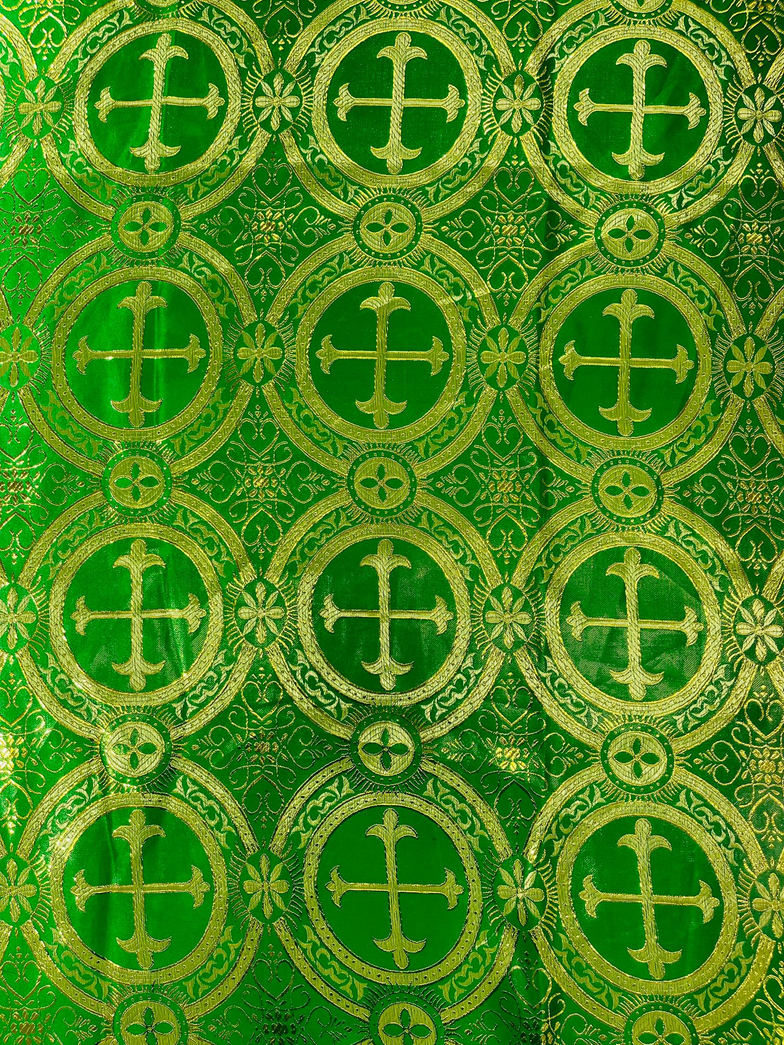 Green/Gold - Rectangular Metallic Cross Brocade Jacquard Satin Tablecloth Overlay/Religious Brocade/Liturgical Fabric/Church. - New Creations Fabric & Foam Inc