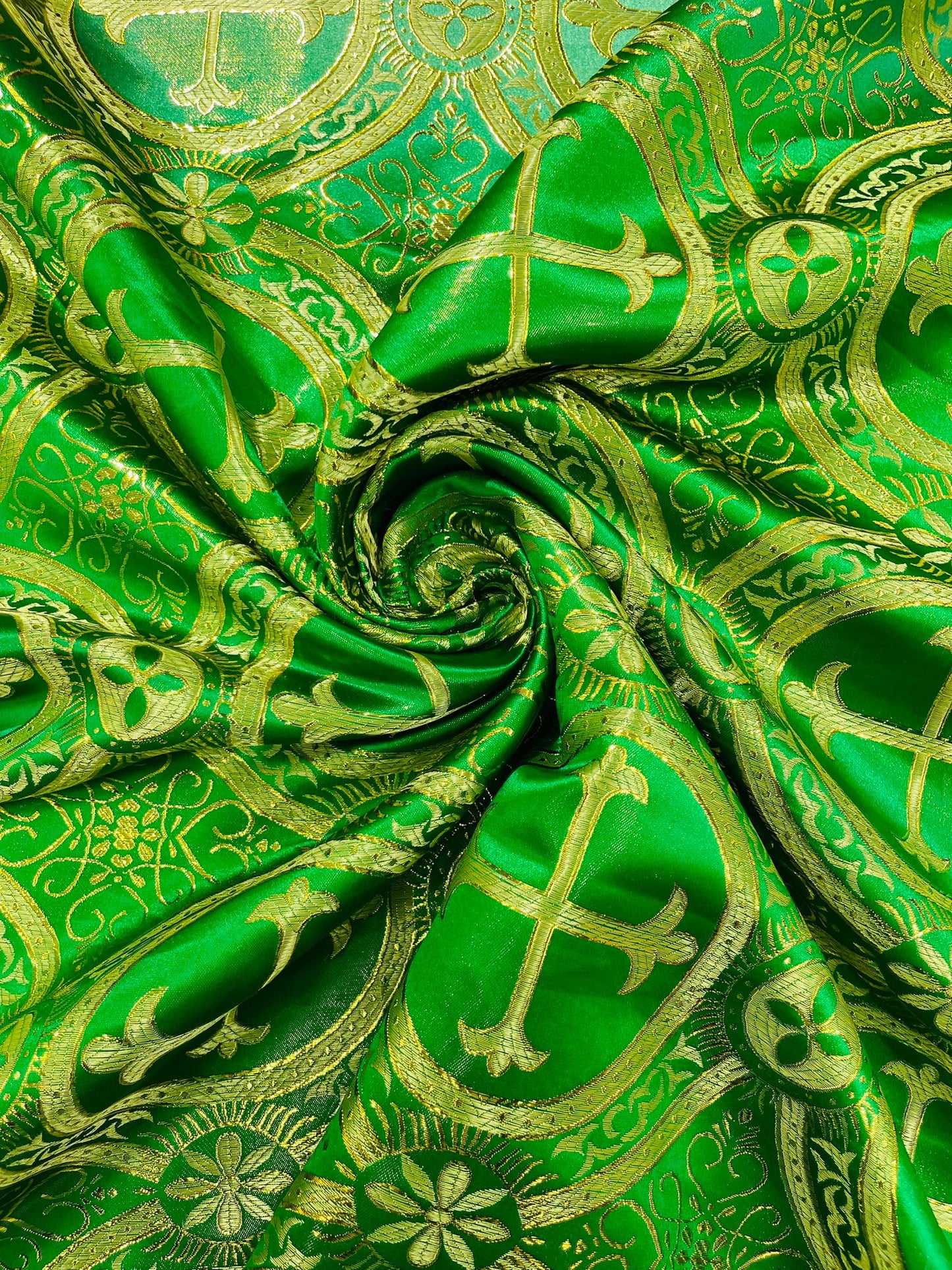 Green/Gold - SQUARE METALLIC CROSS JACQUARD SATIN - New Creations Fabric & Foam Inc